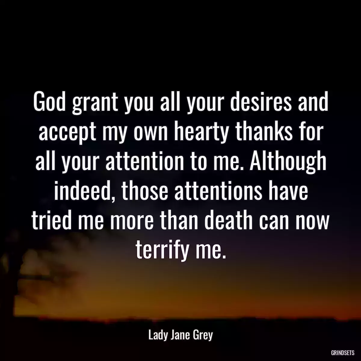 God grant you all your desires and accept my own hearty thanks for all your attention to me. Although indeed, those attentions have tried me more than death can now terrify me.