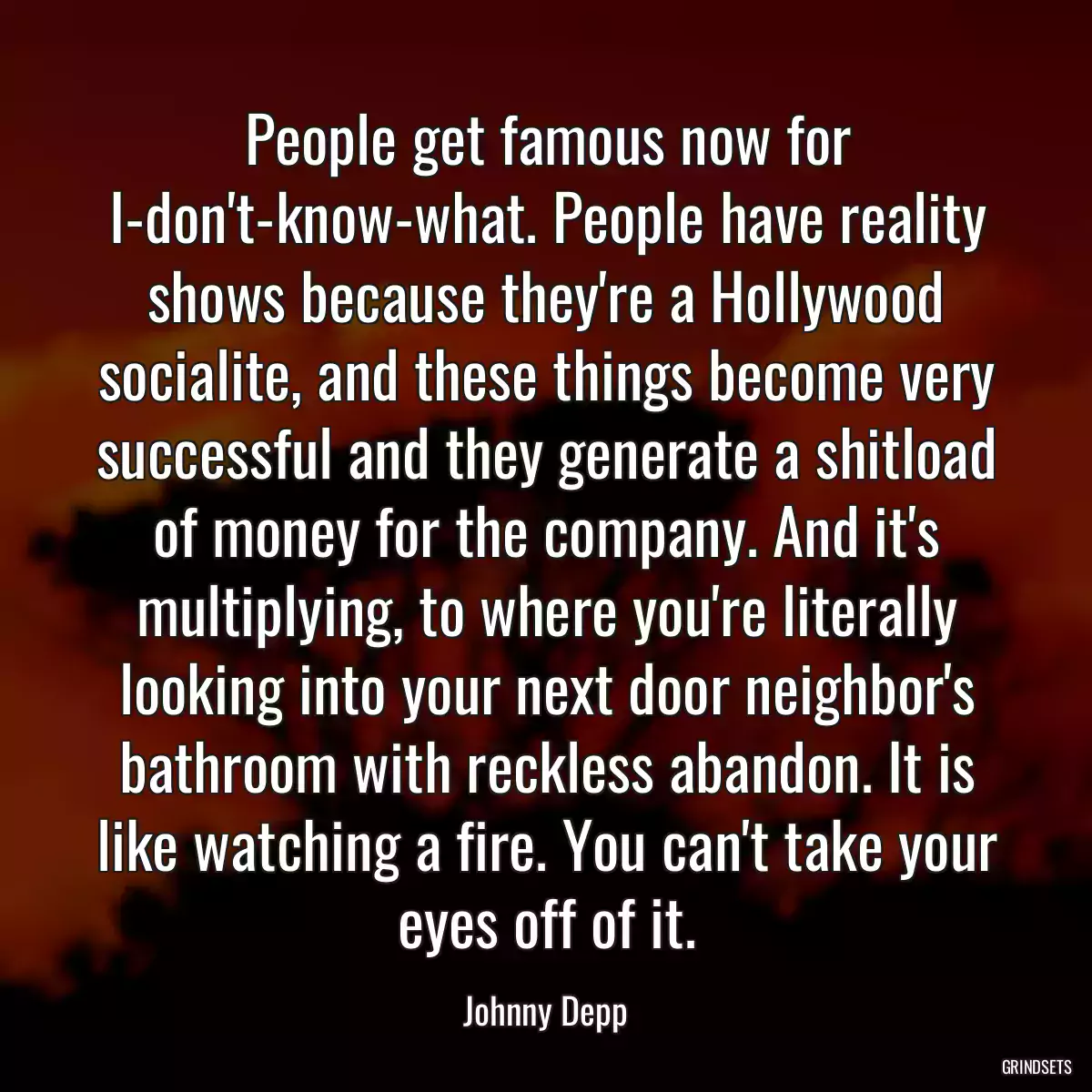 People get famous now for I-don\'t-know-what. People have reality shows because they\'re a Hollywood socialite, and these things become very successful and they generate a shitload of money for the company. And it\'s multiplying, to where you\'re literally looking into your next door neighbor\'s bathroom with reckless abandon. It is like watching a fire. You can\'t take your eyes off of it.