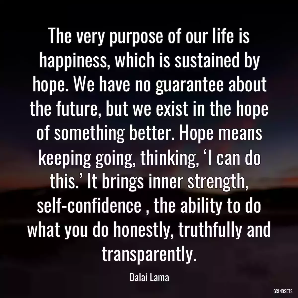 The very purpose of our life is happiness, which is sustained by hope. We have no guarantee about the future, but we exist in the hope of something better. Hope means keeping going, thinking, ‘I can do this.’ It brings inner strength, self-confidence , the ability to do what you do honestly, truthfully and transparently.