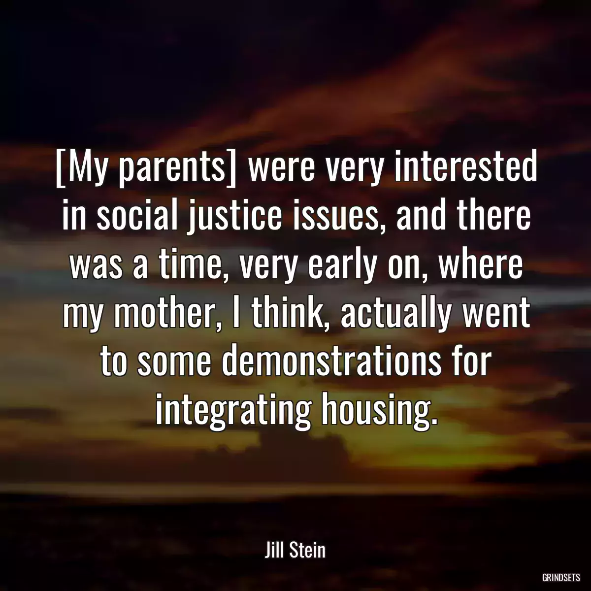 [My parents] were very interested in social justice issues, and there was a time, very early on, where my mother, I think, actually went to some demonstrations for integrating housing.