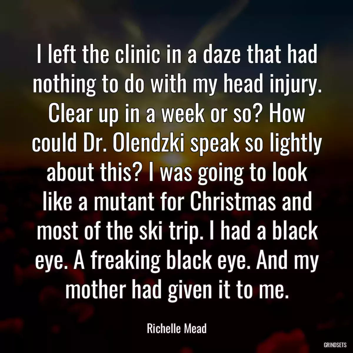 I left the clinic in a daze that had nothing to do with my head injury. Clear up in a week or so? How could Dr. Olendzki speak so lightly about this? I was going to look like a mutant for Christmas and most of the ski trip. I had a black eye. A freaking black eye. And my mother had given it to me.