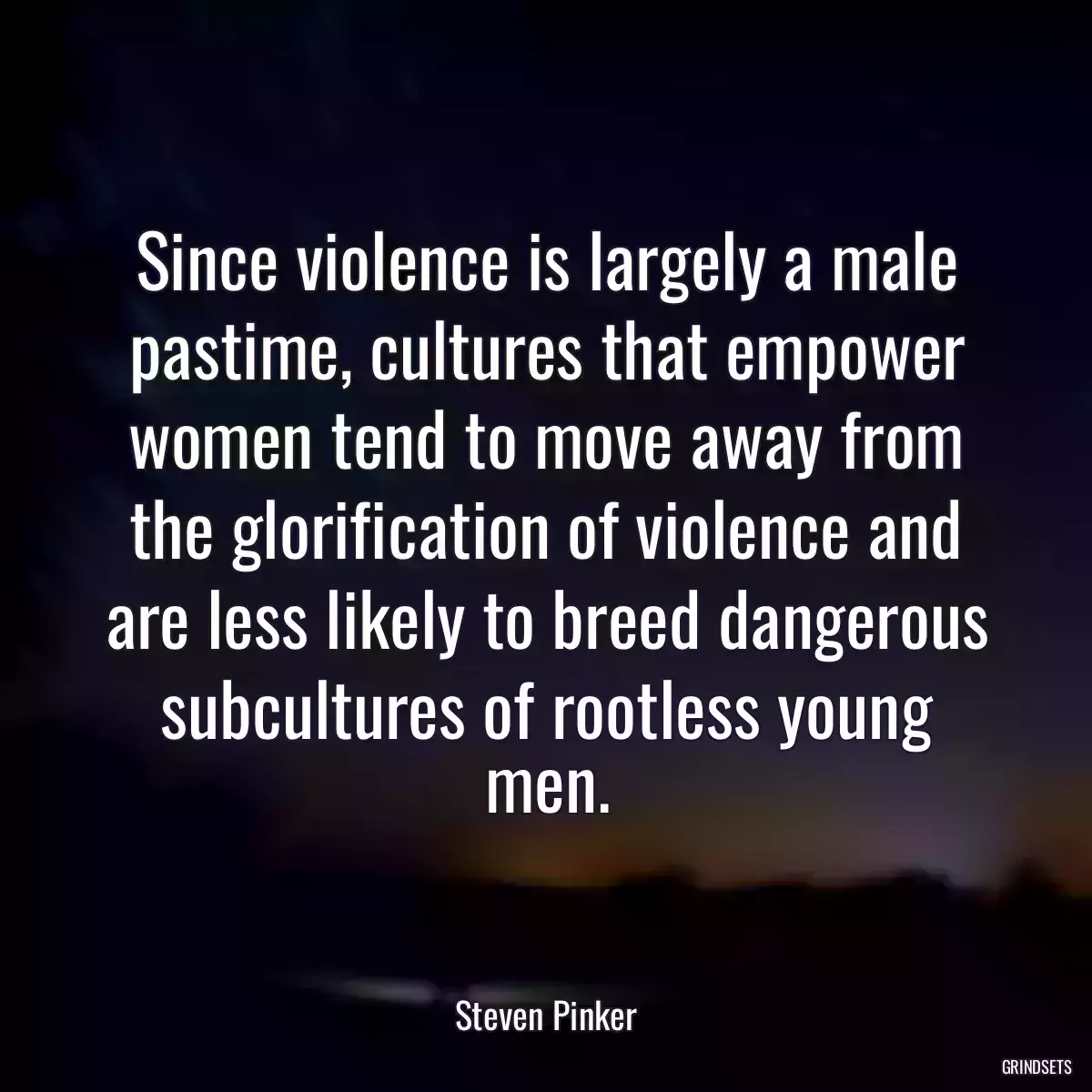 Since violence is largely a male pastime, cultures that empower women tend to move away from the glorification of violence and are less likely to breed dangerous subcultures of rootless young men.