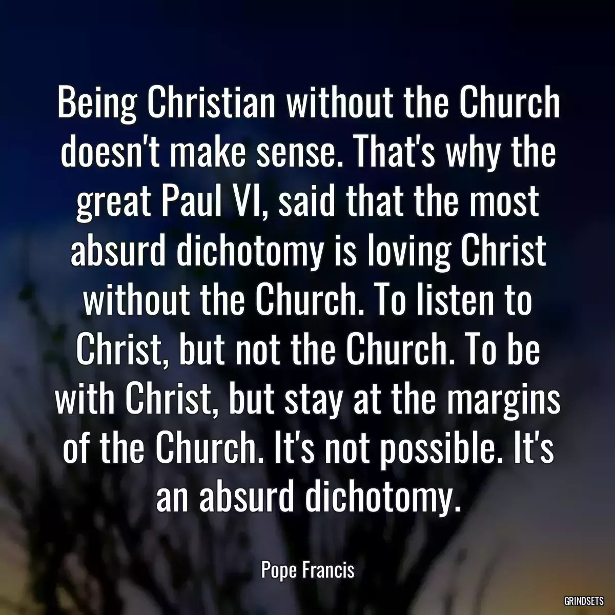 Being Christian without the Church doesn\'t make sense. That\'s why the great Paul VI, said that the most absurd dichotomy is loving Christ without the Church. To listen to Christ, but not the Church. To be with Christ, but stay at the margins of the Church. It\'s not possible. It\'s an absurd dichotomy.