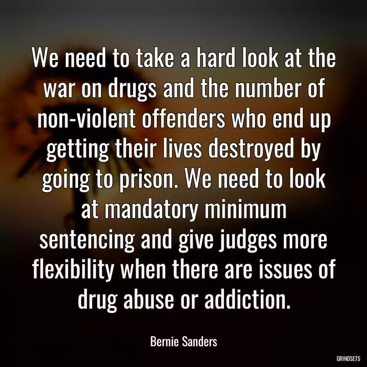 We need to take a hard look at the war on drugs and the number of non-violent offenders who end up getting their lives destroyed by going to prison. We need to look at mandatory minimum sentencing and give judges more flexibility when there are issues of drug abuse or addiction.