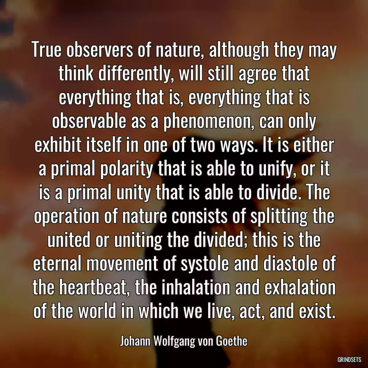 True observers of nature, although they may think differently, will still agree that everything that is, everything that is observable as a phenomenon, can only exhibit itself in one of two ways. It is either a primal polarity that is able to unify, or it is a primal unity that is able to divide. The operation of nature consists of splitting the united or uniting the divided; this is the eternal movement of systole and diastole of the heartbeat, the inhalation and exhalation of the world in which we live, act, and exist.