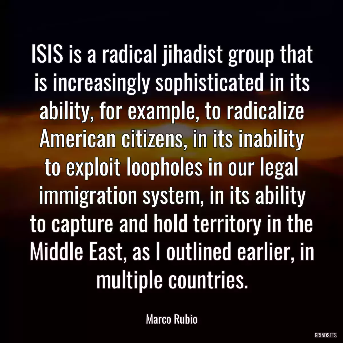 ISIS is a radical jihadist group that is increasingly sophisticated in its ability, for example, to radicalize American citizens, in its inability to exploit loopholes in our legal immigration system, in its ability to capture and hold territory in the Middle East, as I outlined earlier, in multiple countries.