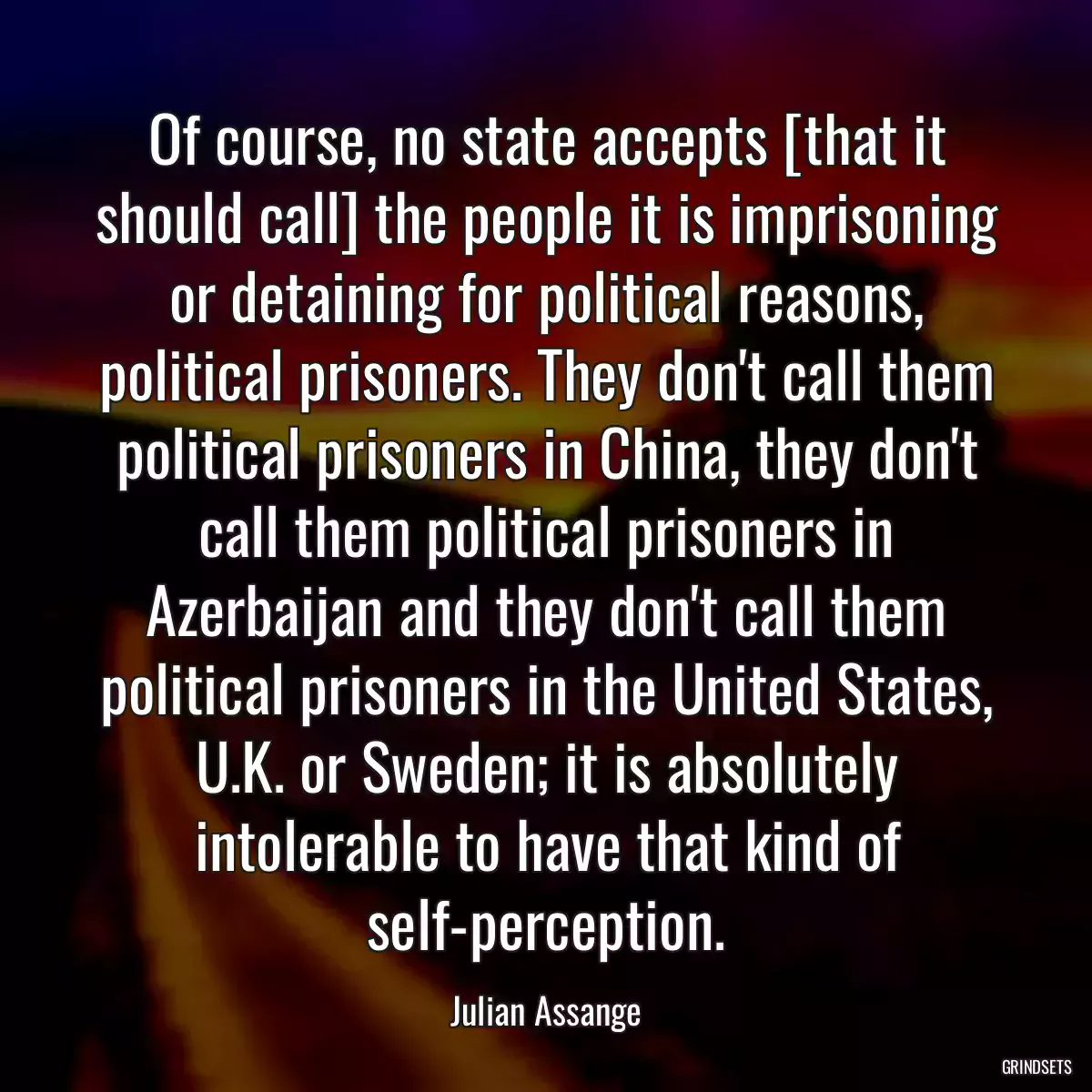 Of course, no state accepts [that it should call] the people it is imprisoning or detaining for political reasons, political prisoners. They don\'t call them political prisoners in China, they don\'t call them political prisoners in Azerbaijan and they don\'t call them political prisoners in the United States, U.K. or Sweden; it is absolutely intolerable to have that kind of self-perception.