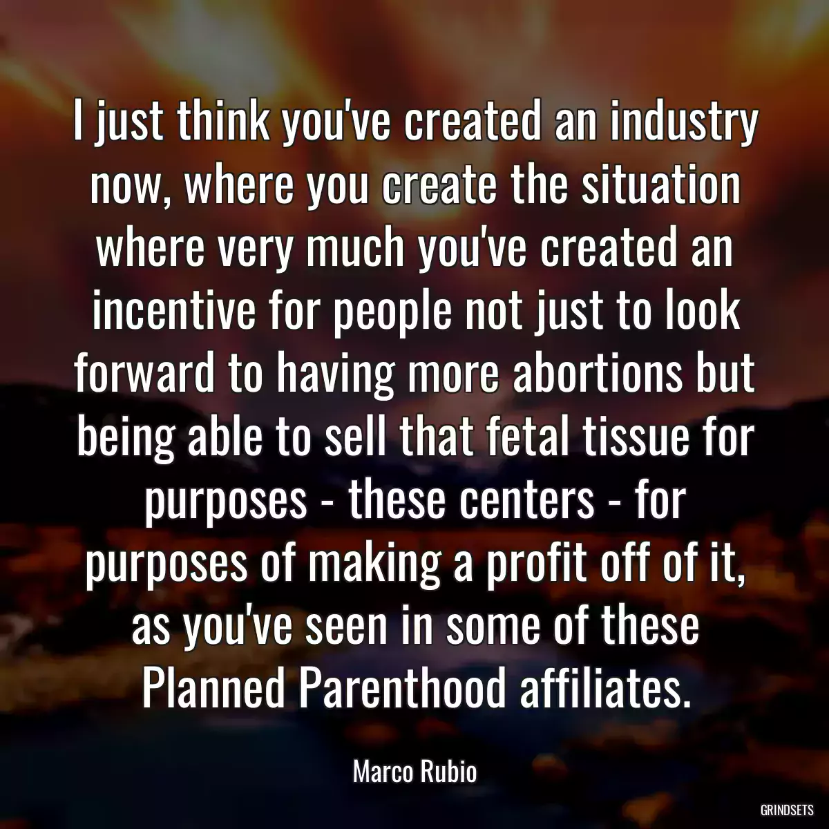 I just think you\'ve created an industry now, where you create the situation where very much you\'ve created an incentive for people not just to look forward to having more abortions but being able to sell that fetal tissue for purposes - these centers - for purposes of making a profit off of it, as you\'ve seen in some of these Planned Parenthood affiliates.