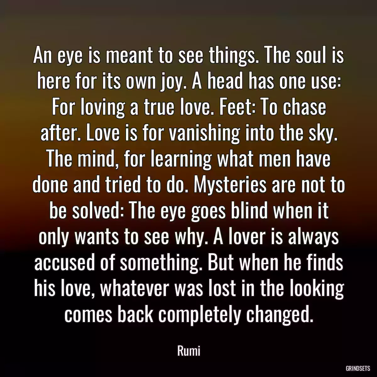 An eye is meant to see things. The soul is here for its own joy. A head has one use: For loving a true love. Feet: To chase after. Love is for vanishing into the sky. The mind, for learning what men have done and tried to do. Mysteries are not to be solved: The eye goes blind when it only wants to see why. A lover is always accused of something. But when he finds his love, whatever was lost in the looking comes back completely changed.