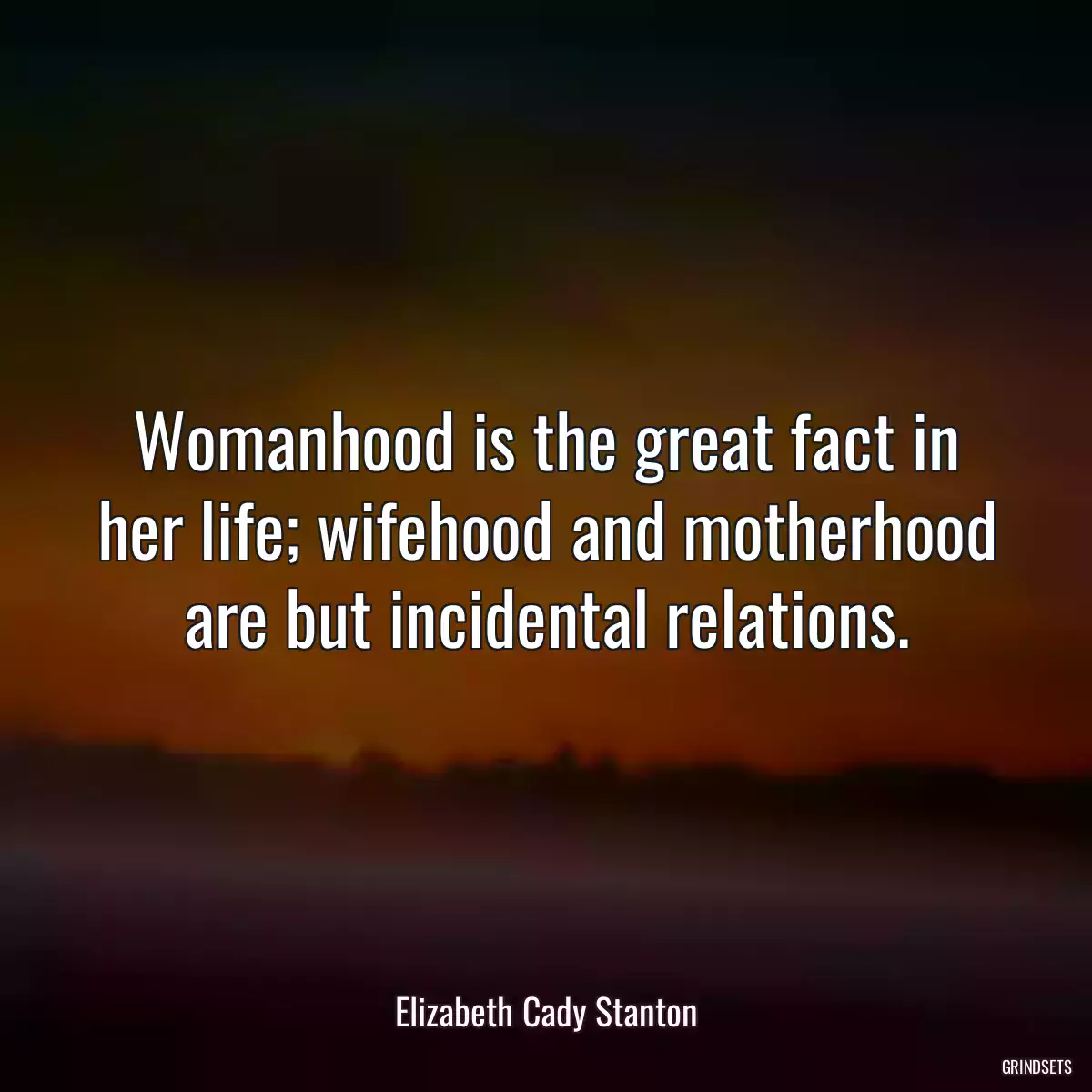 Womanhood is the great fact in her life; wifehood and motherhood are but incidental relations.