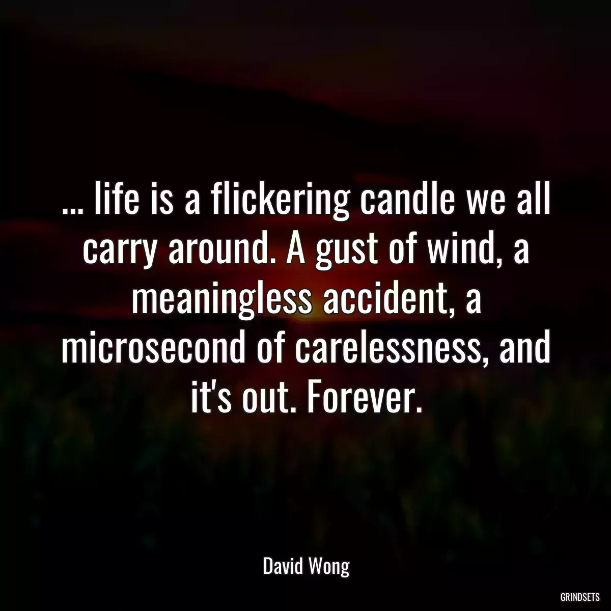 ... life is a flickering candle we all carry around. A gust of wind, a meaningless accident, a microsecond of carelessness, and it\'s out. Forever.