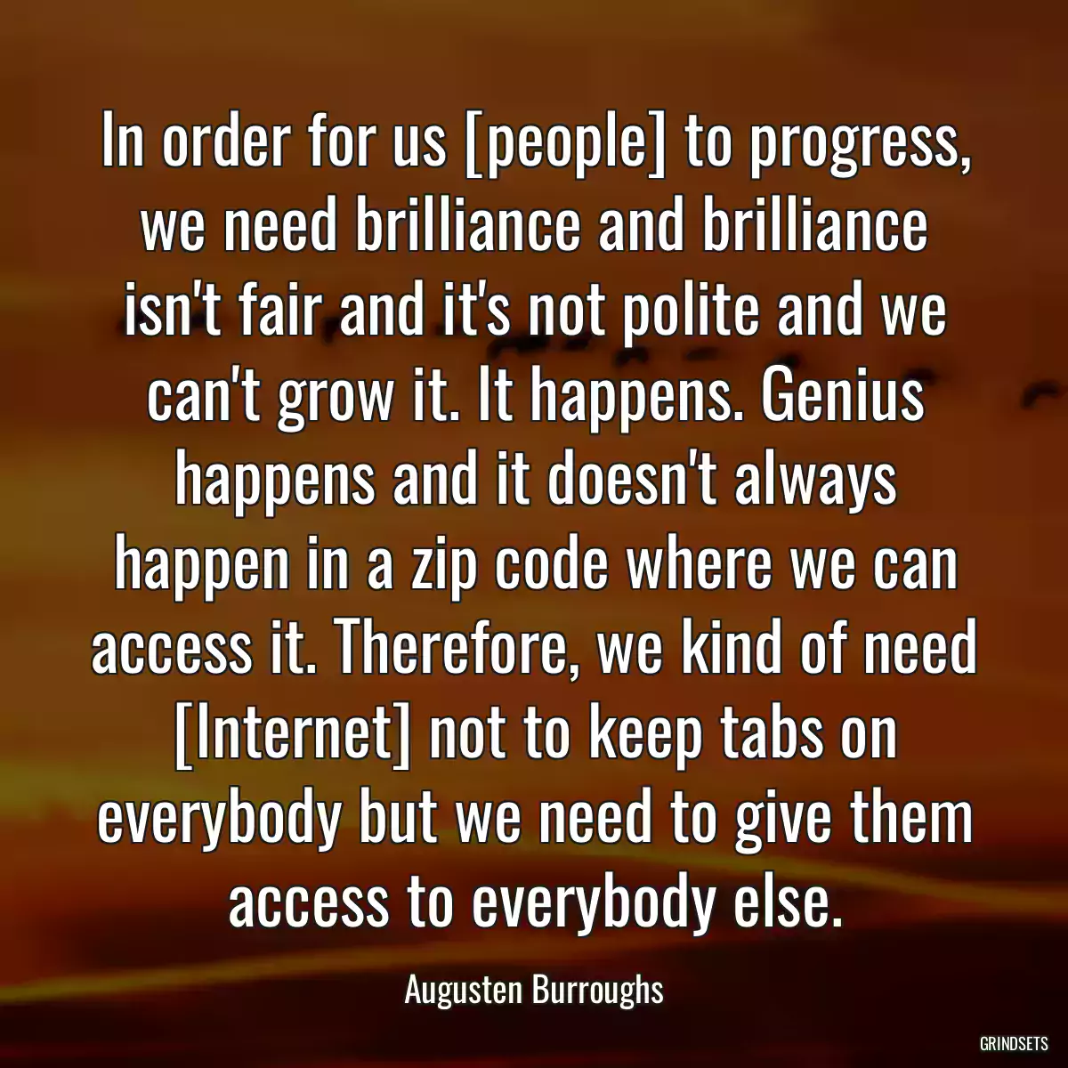 In order for us [people] to progress, we need brilliance and brilliance isn\'t fair and it\'s not polite and we can\'t grow it. It happens. Genius happens and it doesn\'t always happen in a zip code where we can access it. Therefore, we kind of need [Internet] not to keep tabs on everybody but we need to give them access to everybody else.