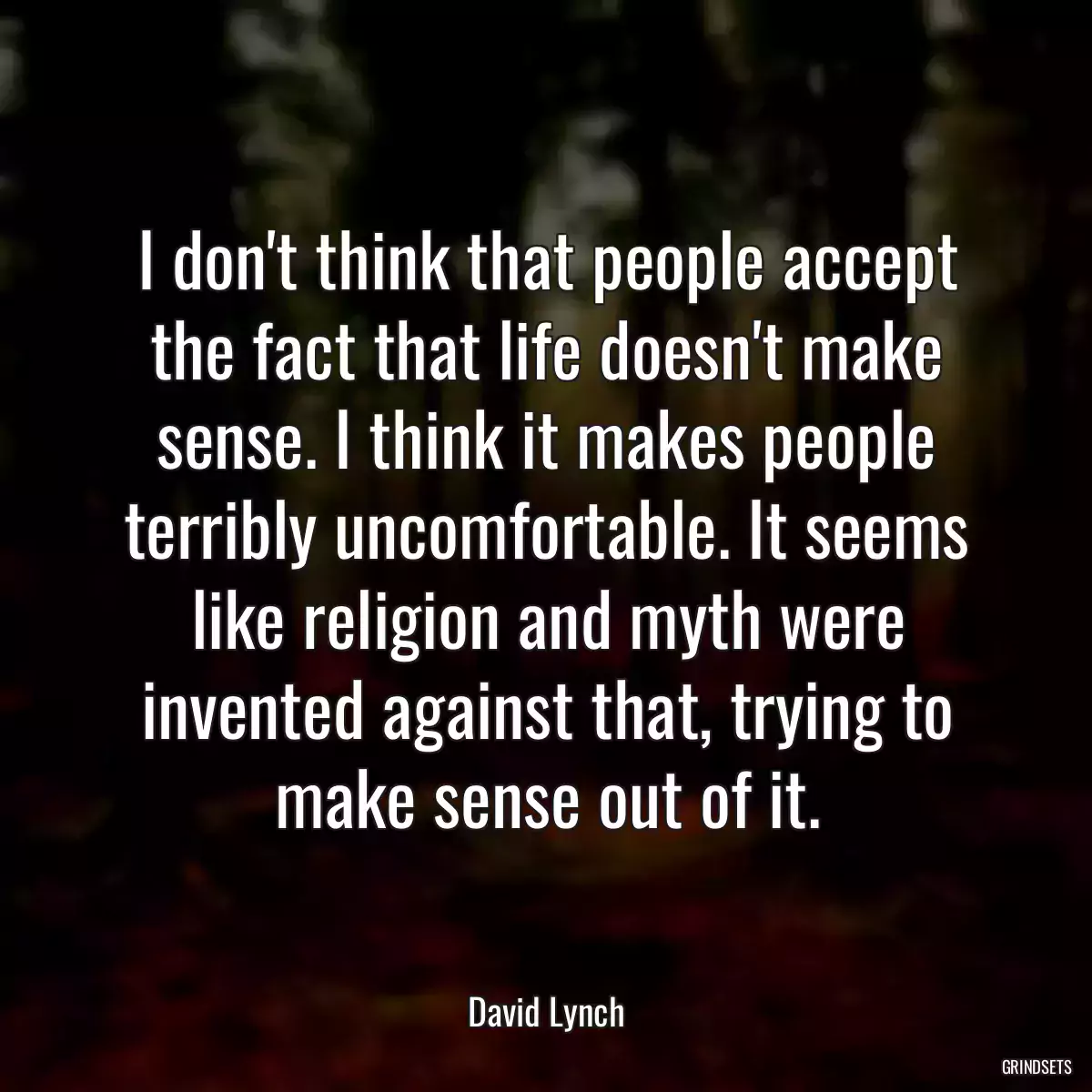 I don\'t think that people accept the fact that life doesn\'t make sense. I think it makes people terribly uncomfortable. It seems like religion and myth were invented against that, trying to make sense out of it.