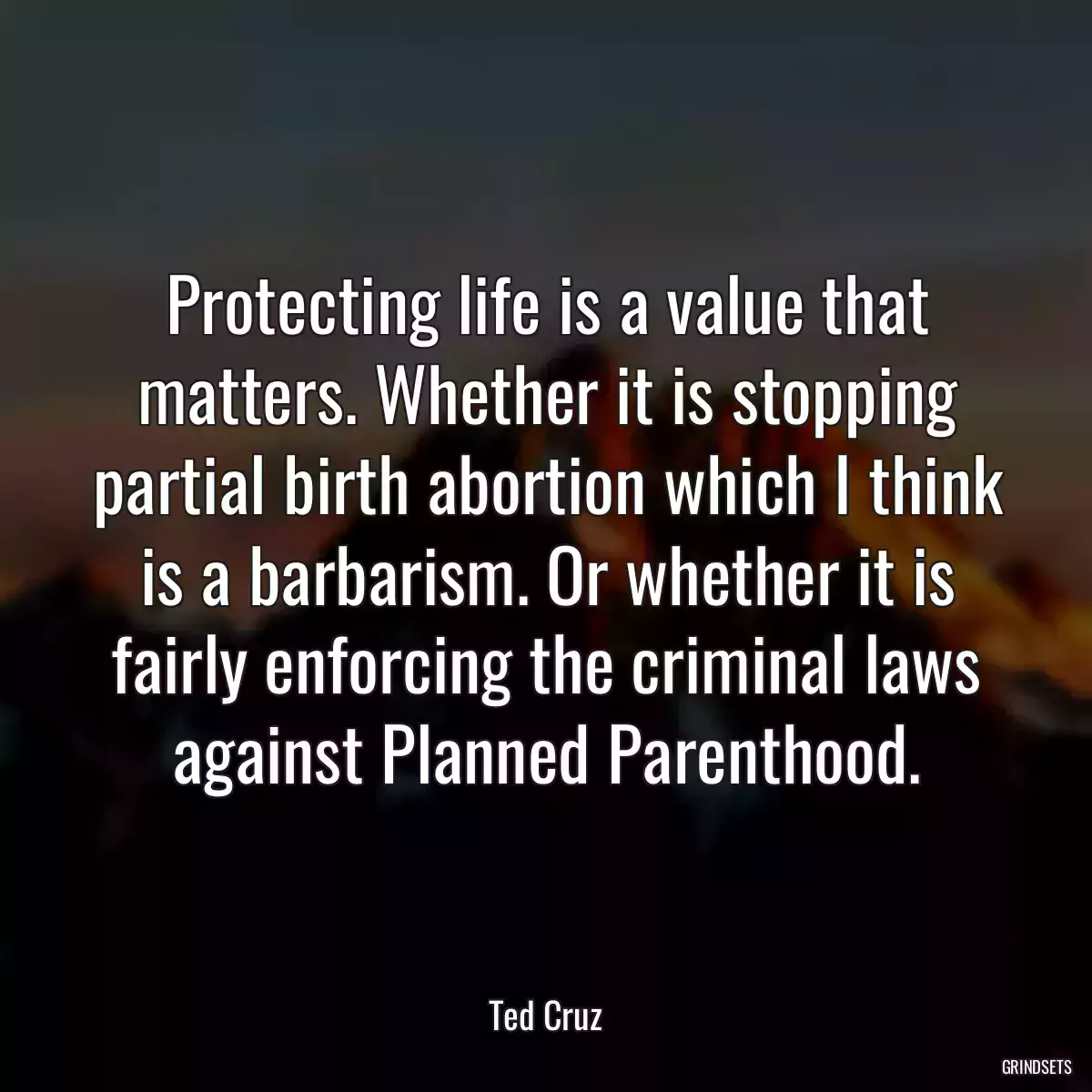 Protecting life is a value that matters. Whether it is stopping partial birth abortion which I think is a barbarism. Or whether it is fairly enforcing the criminal laws against Planned Parenthood.