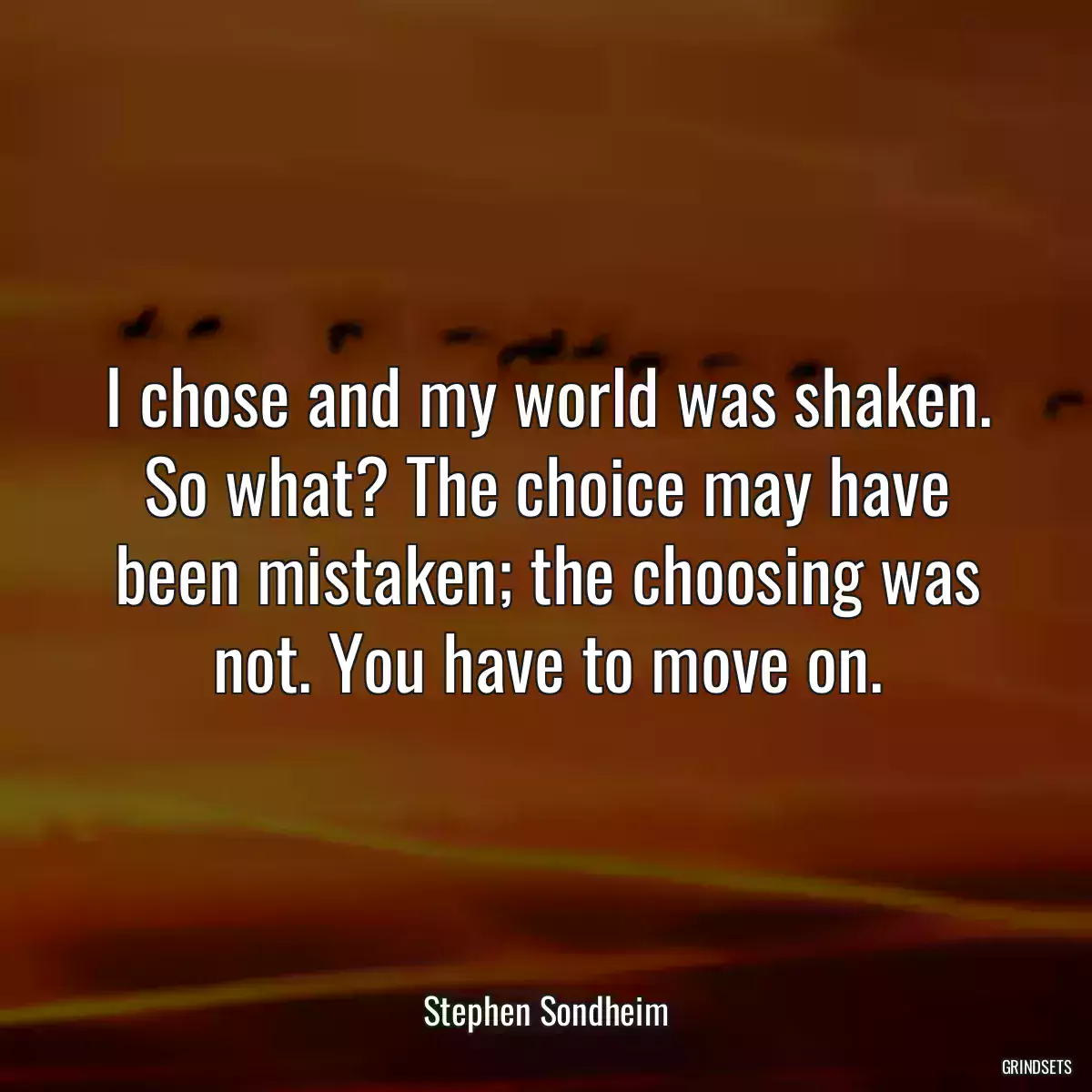 I chose and my world was shaken. So what? The choice may have been mistaken; the choosing was not. You have to move on.