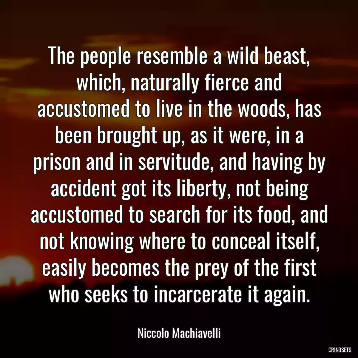 The people resemble a wild beast, which, naturally fierce and accustomed to live in the woods, has been brought up, as it were, in a prison and in servitude, and having by accident got its liberty, not being accustomed to search for its food, and not knowing where to conceal itself, easily becomes the prey of the first who seeks to incarcerate it again.