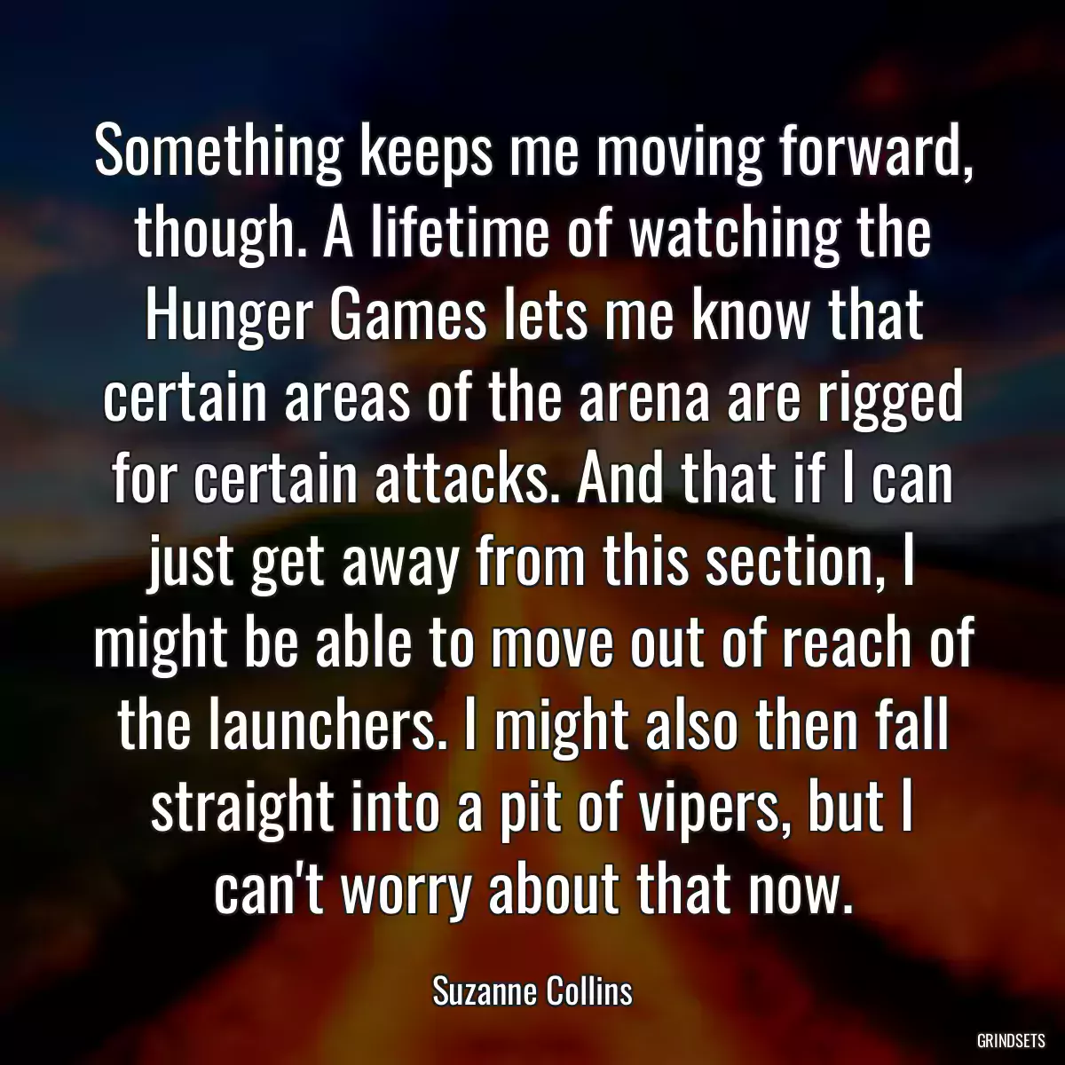 Something keeps me moving forward, though. A lifetime of watching the Hunger Games lets me know that certain areas of the arena are rigged for certain attacks. And that if I can just get away from this section, I might be able to move out of reach of the launchers. I might also then fall straight into a pit of vipers, but I can\'t worry about that now.