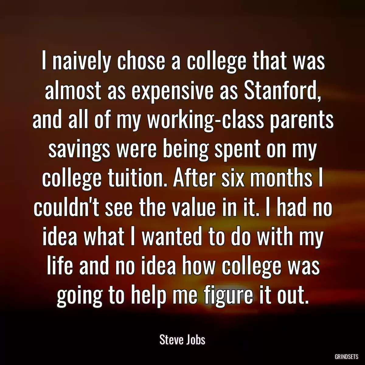 I naively chose a college that was almost as expensive as Stanford, and all of my working-class parents savings were being spent on my college tuition. After six months I couldn\'t see the value in it. I had no idea what I wanted to do with my life and no idea how college was going to help me figure it out.