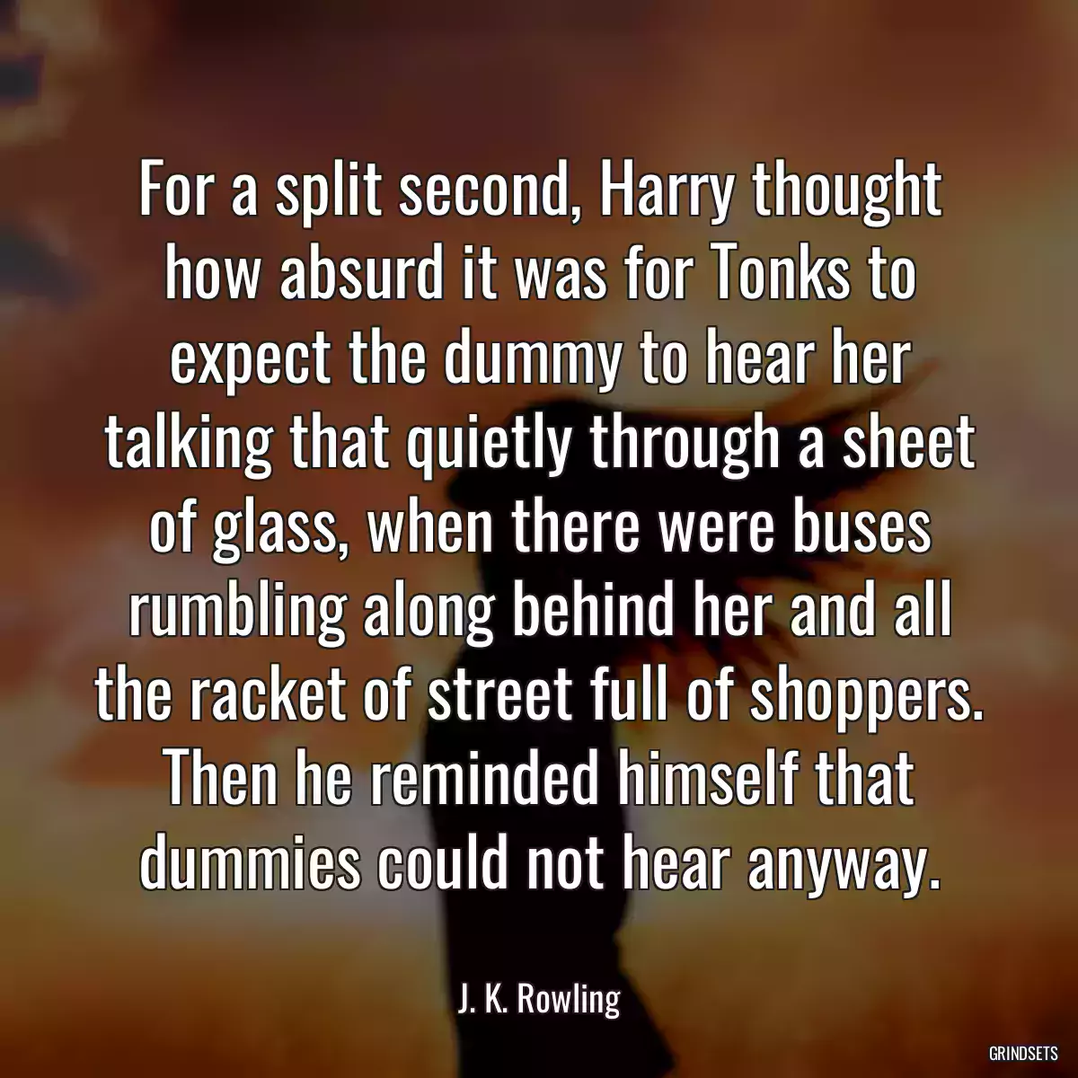 For a split second, Harry thought how absurd it was for Tonks to expect the dummy to hear her talking that quietly through a sheet of glass, when there were buses rumbling along behind her and all the racket of street full of shoppers. Then he reminded himself that dummies could not hear anyway.