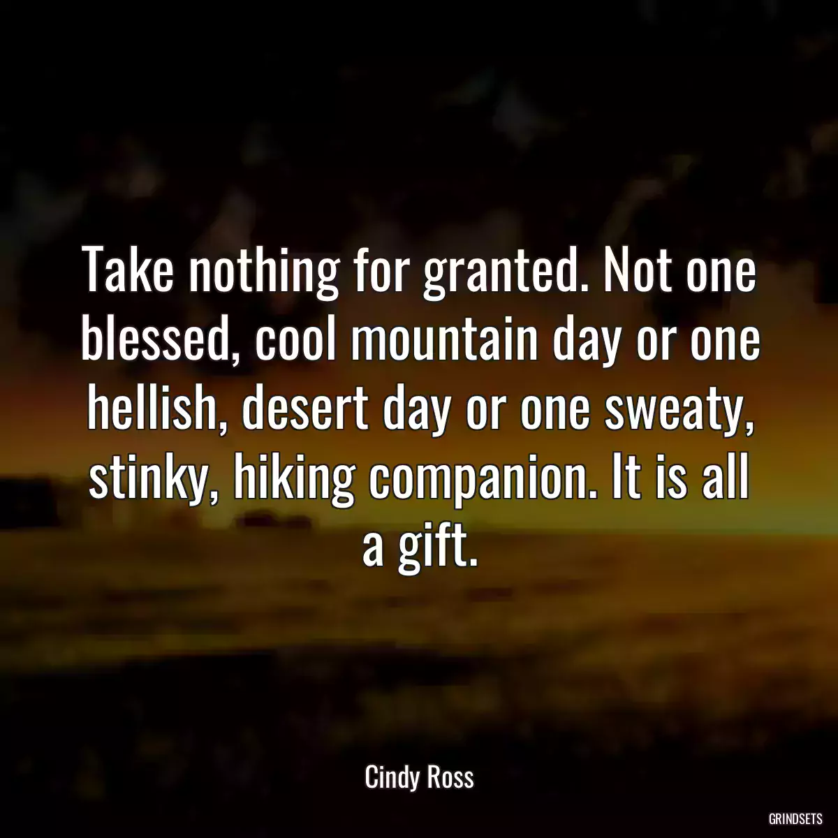 Take nothing for granted. Not one blessed, cool mountain day or one hellish, desert day or one sweaty, stinky, hiking companion. It is all a gift.