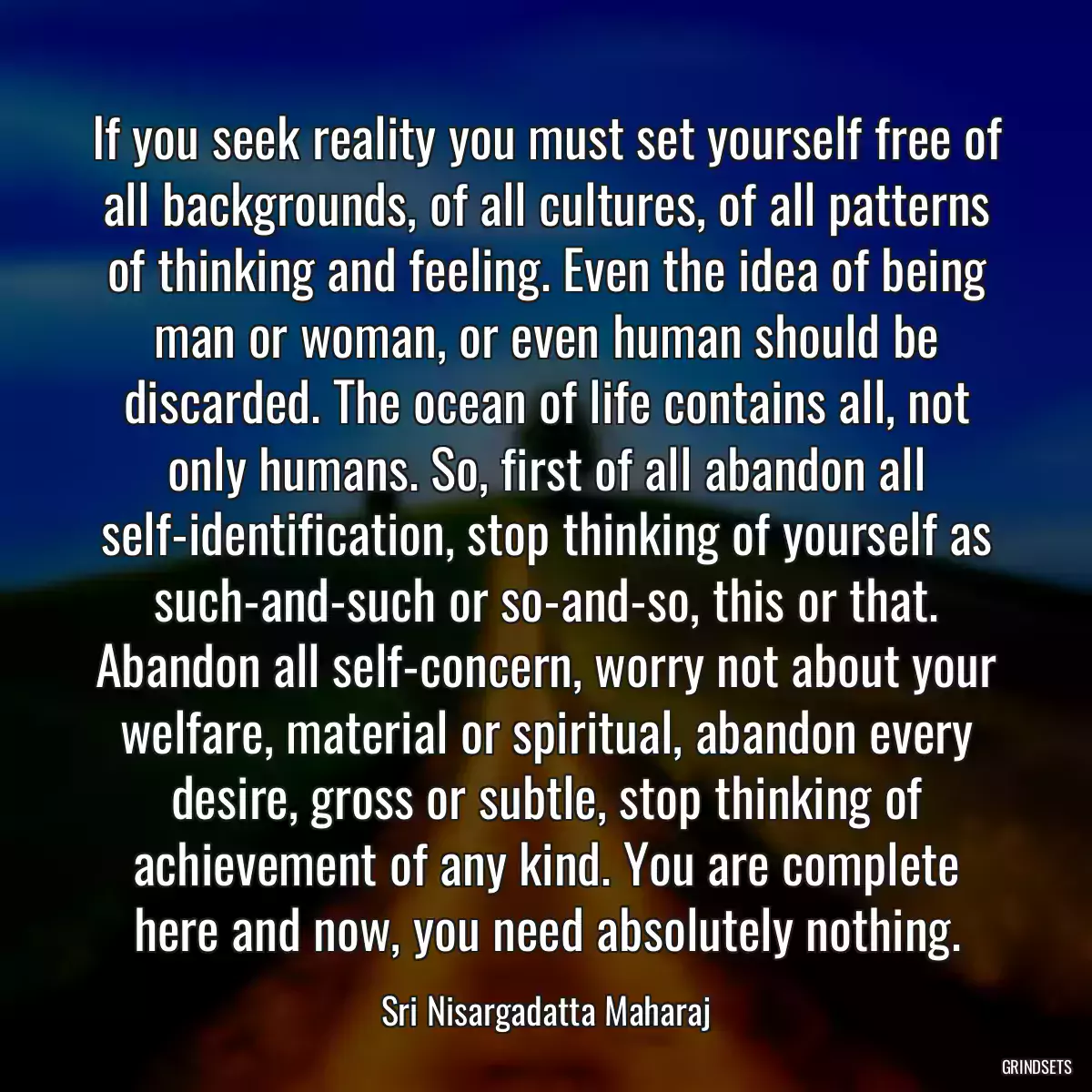 If you seek reality you must set yourself free of all backgrounds, of all cultures, of all patterns of thinking and feeling. Even the idea of being man or woman, or even human should be discarded. The ocean of life contains all, not only humans. So, first of all abandon all self-identification, stop thinking of yourself as such-and-such or so-and-so, this or that. Abandon all self-concern, worry not about your welfare, material or spiritual, abandon every desire, gross or subtle, stop thinking of achievement of any kind. You are complete here and now, you need absolutely nothing.