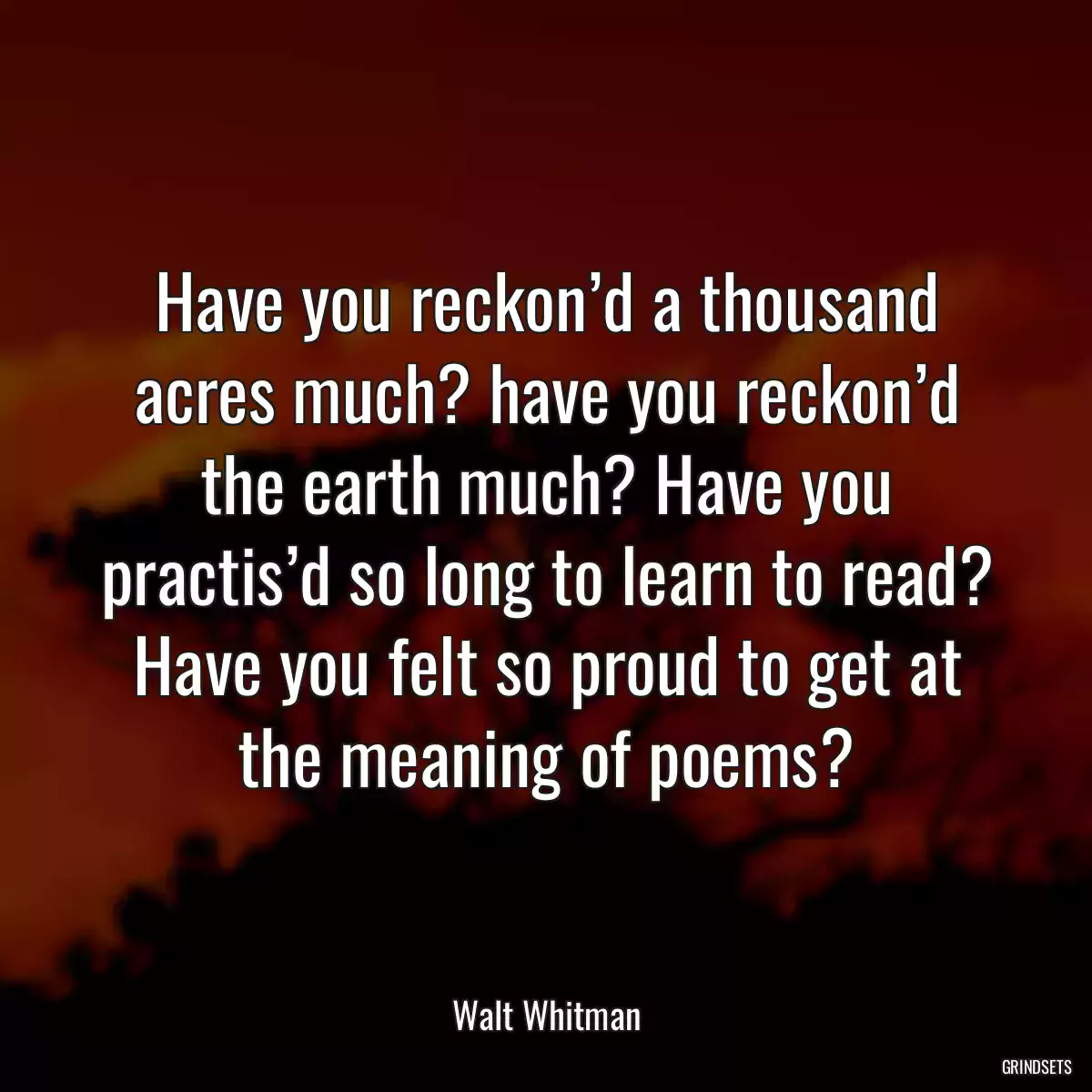 Have you reckon’d a thousand acres much? have you reckon’d the earth much? Have you practis’d so long to learn to read? Have you felt so proud to get at the meaning of poems?