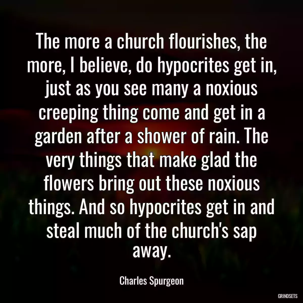 The more a church flourishes, the more, I believe, do hypocrites get in, just as you see many a noxious creeping thing come and get in a garden after a shower of rain. The very things that make glad the flowers bring out these noxious things. And so hypocrites get in and steal much of the church\'s sap away.