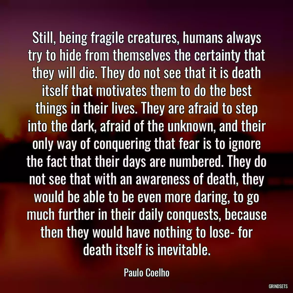 Still, being fragile creatures, humans always try to hide from themselves the certainty that they will die. They do not see that it is death itself that motivates them to do the best things in their lives. They are afraid to step into the dark, afraid of the unknown, and their only way of conquering that fear is to ignore the fact that their days are numbered. They do not see that with an awareness of death, they would be able to be even more daring, to go much further in their daily conquests, because then they would have nothing to lose- for death itself is inevitable.