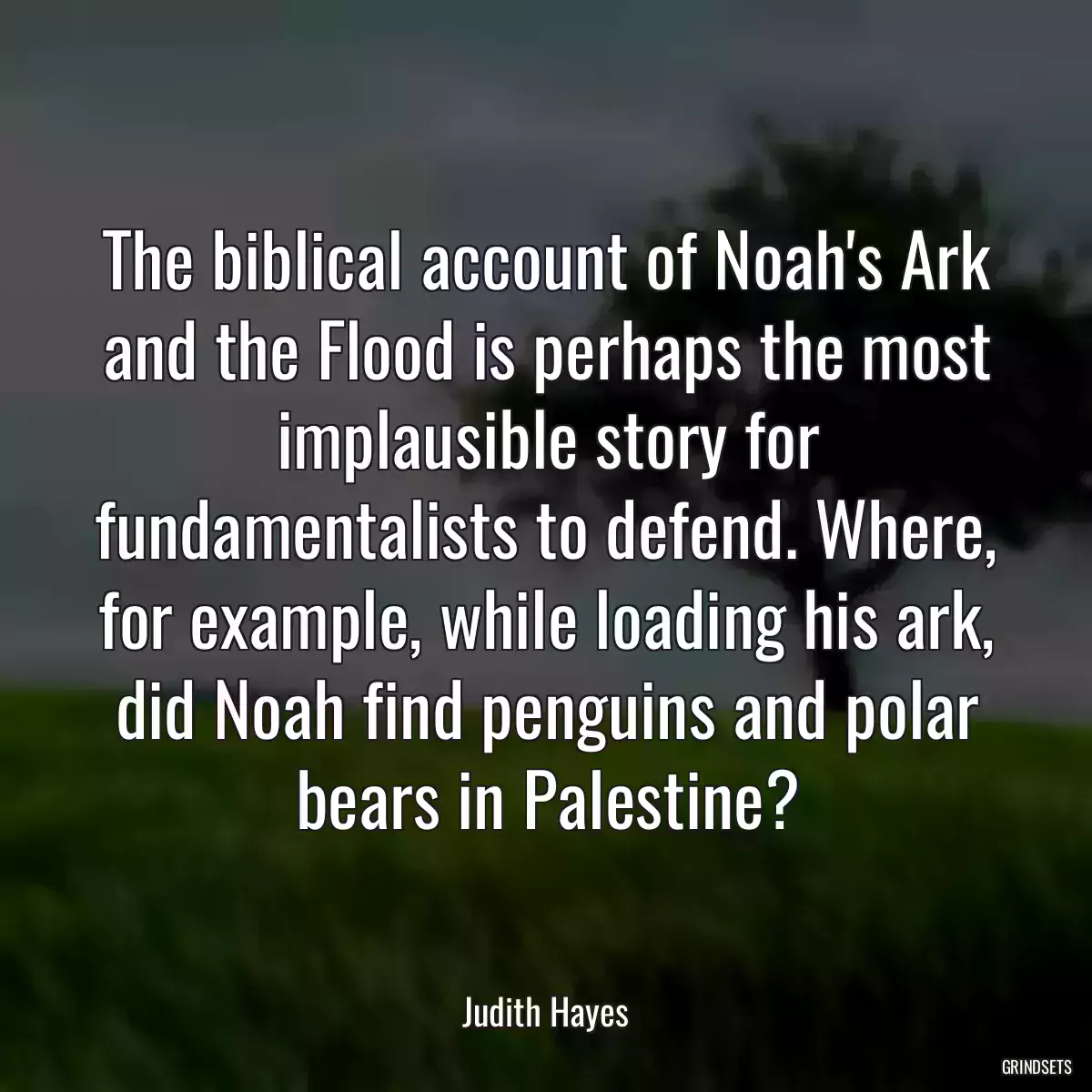 The biblical account of Noah\'s Ark and the Flood is perhaps the most implausible story for fundamentalists to defend. Where, for example, while loading his ark, did Noah find penguins and polar bears in Palestine?