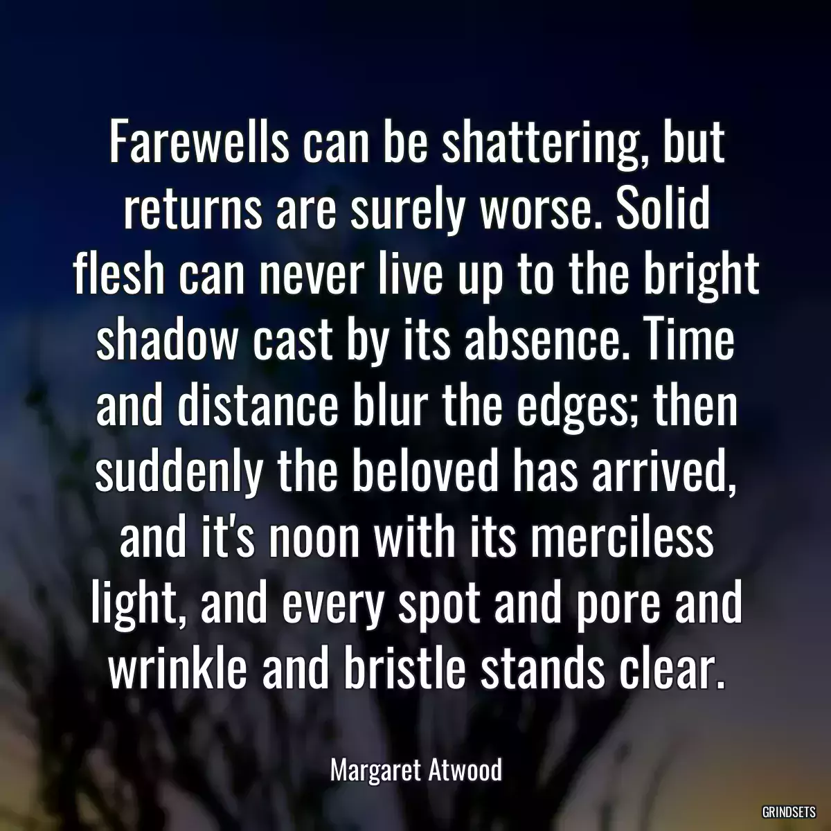 Farewells can be shattering, but returns are surely worse. Solid flesh can never live up to the bright shadow cast by its absence. Time and distance blur the edges; then suddenly the beloved has arrived, and it\'s noon with its merciless light, and every spot and pore and wrinkle and bristle stands clear.