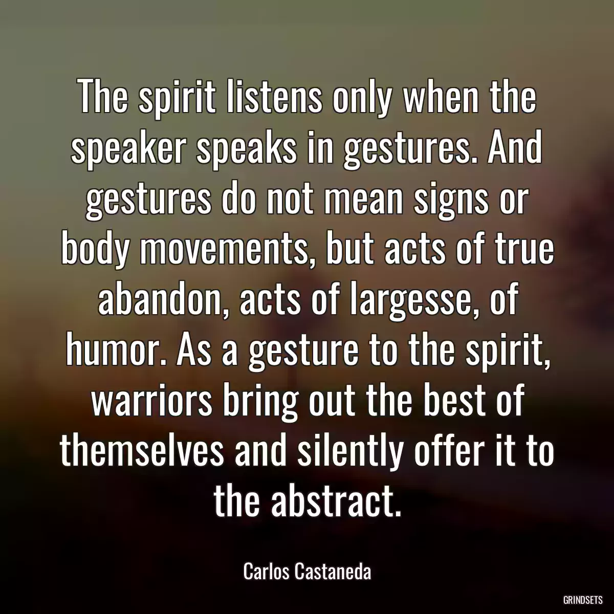 The spirit listens only when the speaker speaks in gestures. And gestures do not mean signs or body movements, but acts of true abandon, acts of largesse, of humor. As a gesture to the spirit, warriors bring out the best of themselves and silently offer it to the abstract.