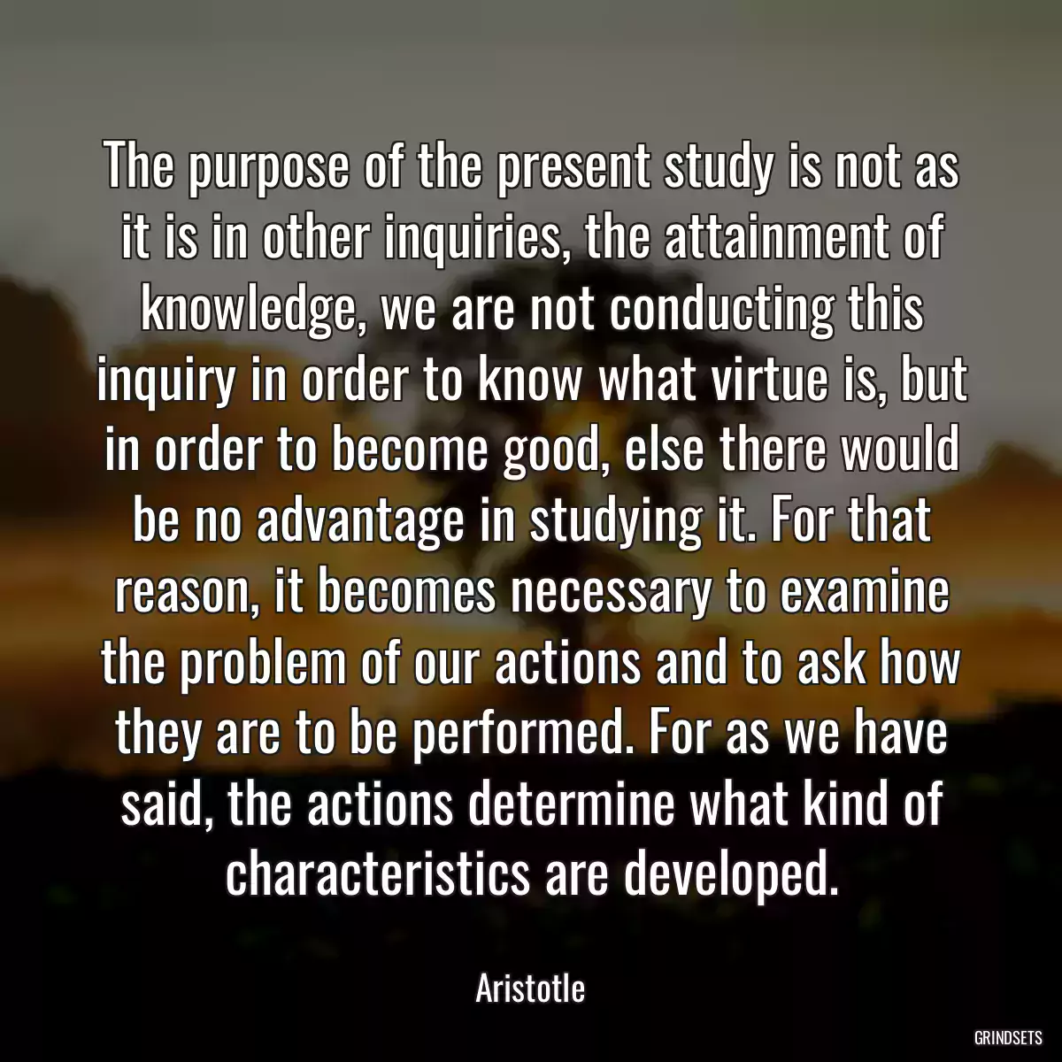 The purpose of the present study is not as it is in other inquiries, the attainment of knowledge, we are not conducting this inquiry in order to know what virtue is, but in order to become good, else there would be no advantage in studying it. For that reason, it becomes necessary to examine the problem of our actions and to ask how they are to be performed. For as we have said, the actions determine what kind of characteristics are developed.