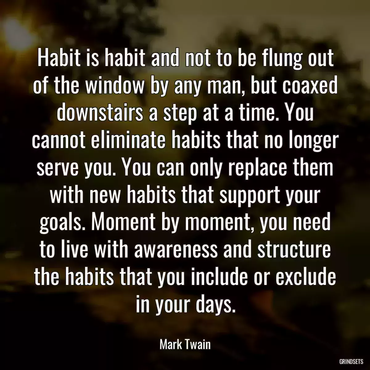 Habit is habit and not to be flung out of the window by any man, but coaxed downstairs a step at a time. You cannot eliminate habits that no longer serve you. You can only replace them with new habits that support your goals. Moment by moment, you need to live with awareness and structure the habits that you include or exclude in your days.