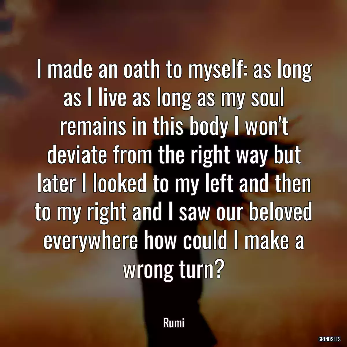 I made an oath to myself: as long as I live as long as my soul remains in this body I won\'t deviate from the right way but later I looked to my left and then to my right and I saw our beloved everywhere how could I make a wrong turn?