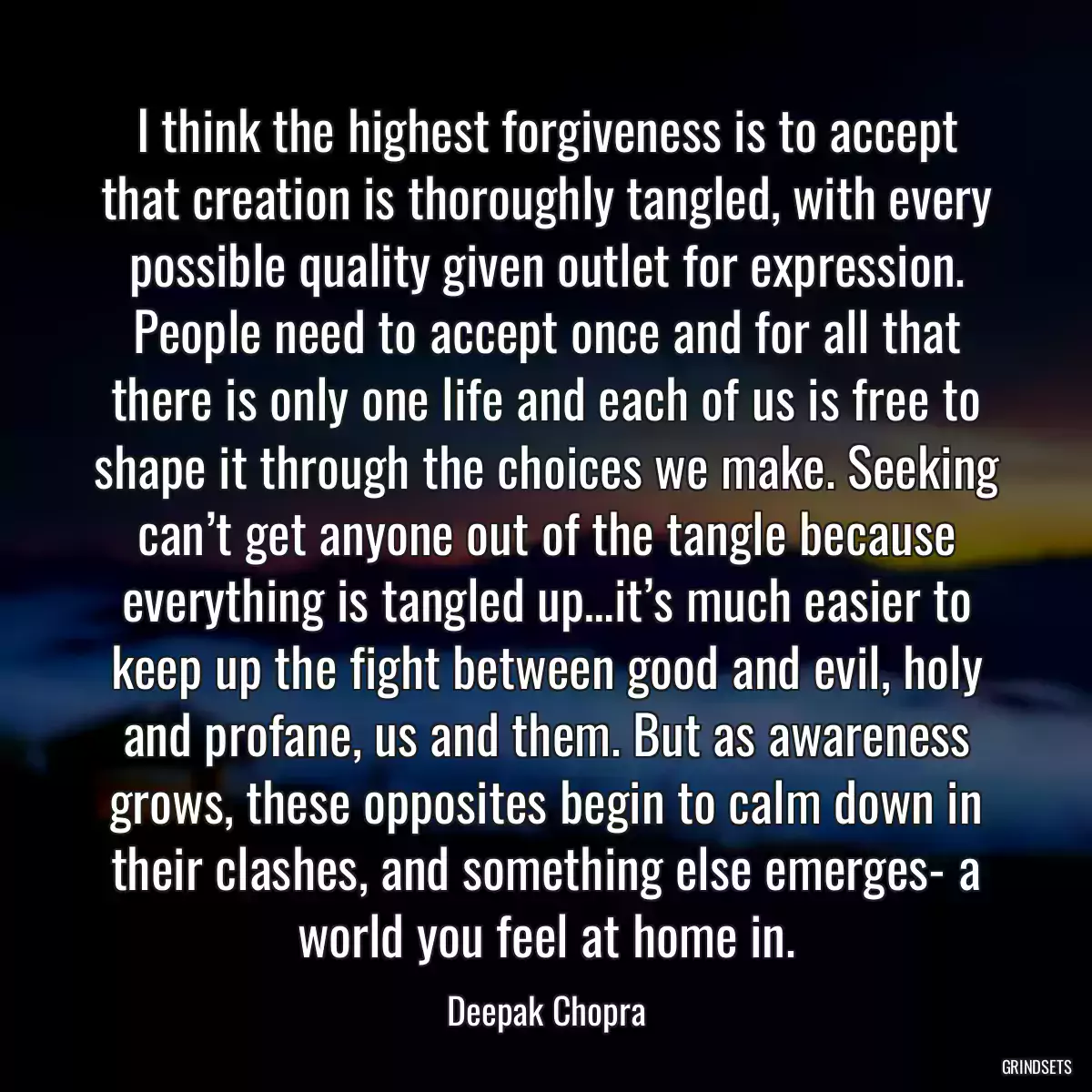 I think the highest forgiveness is to accept that creation is thoroughly tangled, with every possible quality given outlet for expression. People need to accept once and for all that there is only one life and each of us is free to shape it through the choices we make. Seeking can’t get anyone out of the tangle because everything is tangled up…it’s much easier to keep up the fight between good and evil, holy and profane, us and them. But as awareness grows, these opposites begin to calm down in their clashes, and something else emerges- a world you feel at home in.