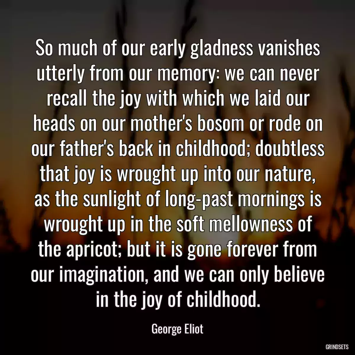 So much of our early gladness vanishes utterly from our memory: we can never recall the joy with which we laid our heads on our mother\'s bosom or rode on our father\'s back in childhood; doubtless that joy is wrought up into our nature, as the sunlight of long-past mornings is wrought up in the soft mellowness of the apricot; but it is gone forever from our imagination, and we can only believe in the joy of childhood.