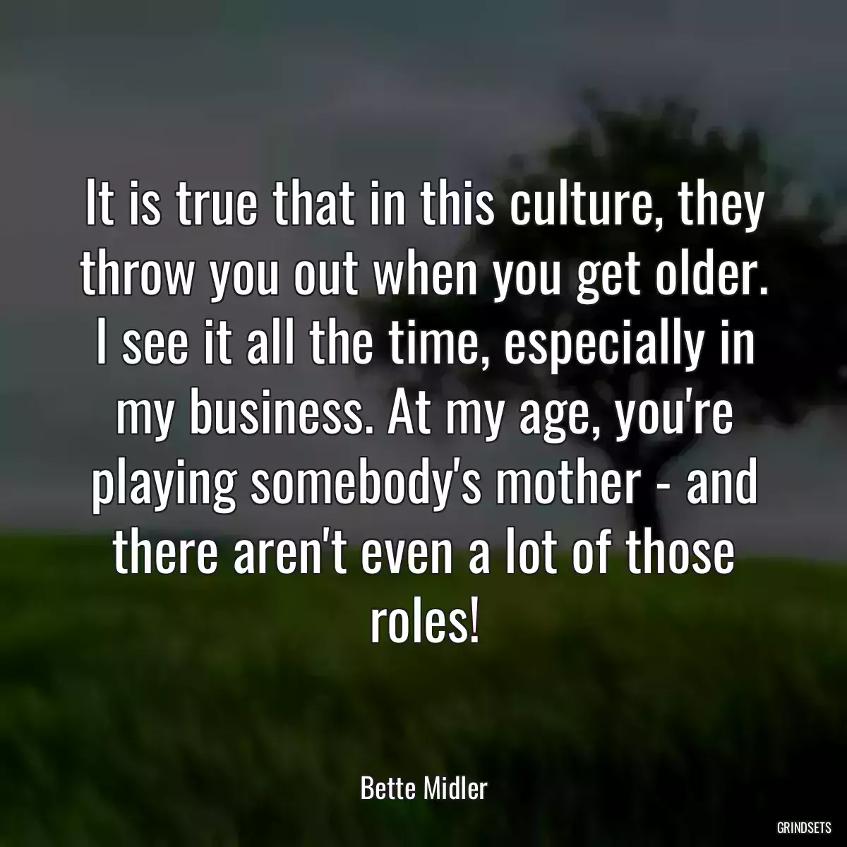 It is true that in this culture, they throw you out when you get older. I see it all the time, especially in my business. At my age, you\'re playing somebody\'s mother - and there aren\'t even a lot of those roles!