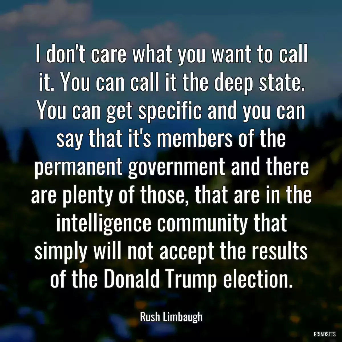 I don\'t care what you want to call it. You can call it the deep state. You can get specific and you can say that it\'s members of the permanent government and there are plenty of those, that are in the intelligence community that simply will not accept the results of the Donald Trump election.