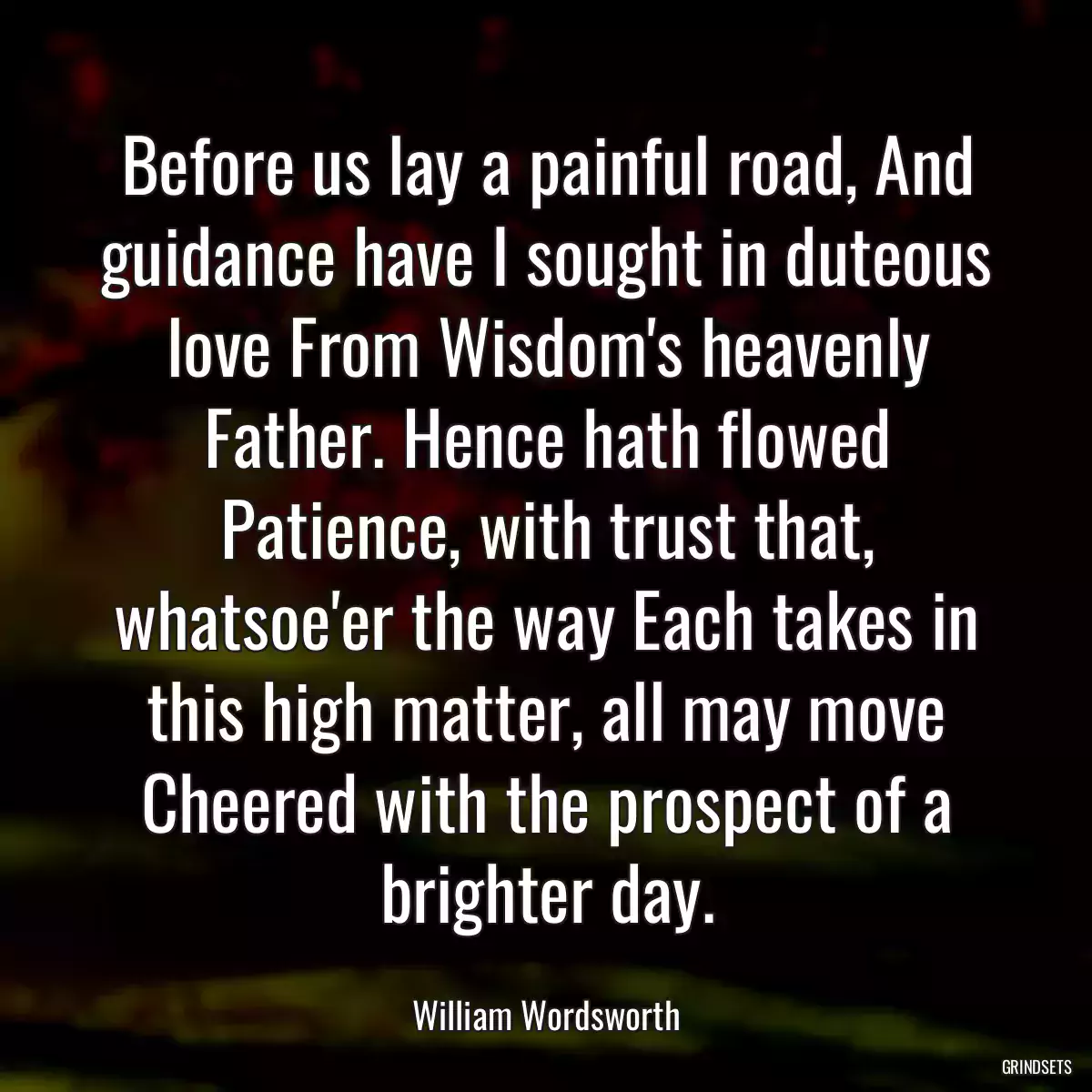 Before us lay a painful road, And guidance have I sought in duteous love From Wisdom\'s heavenly Father. Hence hath flowed Patience, with trust that, whatsoe\'er the way Each takes in this high matter, all may move Cheered with the prospect of a brighter day.