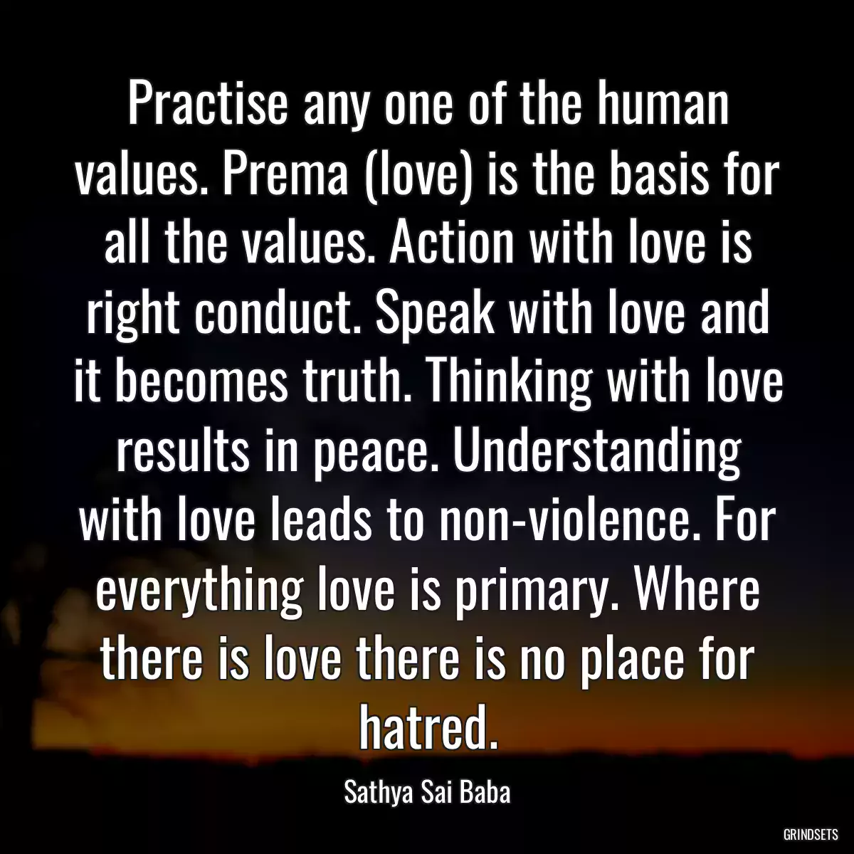 Practise any one of the human values. Prema (love) is the basis for all the values. Action with love is right conduct. Speak with love and it becomes truth. Thinking with love results in peace. Understanding with love leads to non-violence. For everything love is primary. Where there is love there is no place for hatred.