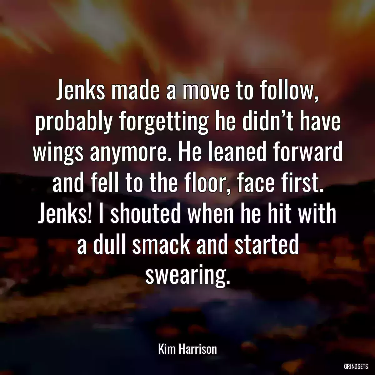 Jenks made a move to follow, probably forgetting he didn’t have wings anymore. He leaned forward and fell to the floor, face first. Jenks! I shouted when he hit with a dull smack and started swearing.