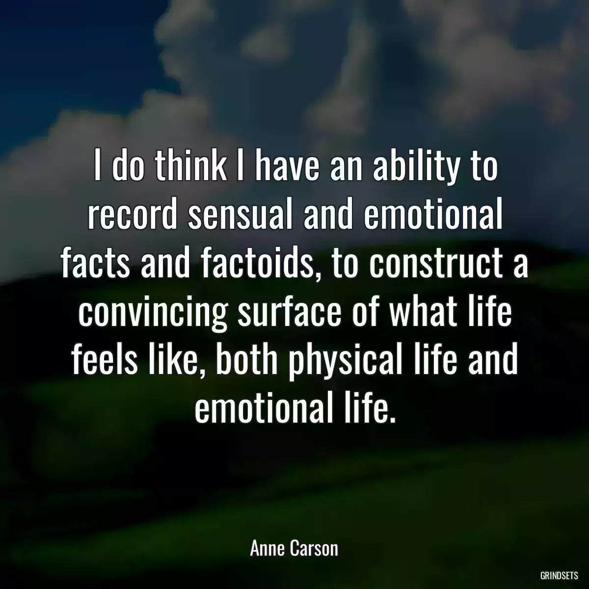 I do think I have an ability to record sensual and emotional facts and factoids, to construct a convincing surface of what life feels like, both physical life and emotional life.