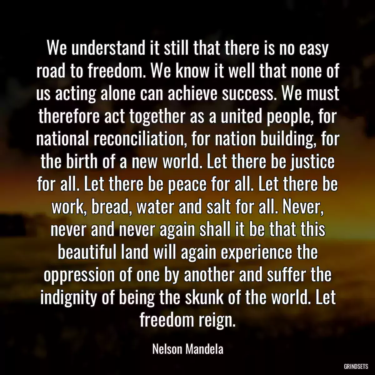 We understand it still that there is no easy road to freedom. We know it well that none of us acting alone can achieve success. We must therefore act together as a united people, for national reconciliation, for nation building, for the birth of a new world. Let there be justice for all. Let there be peace for all. Let there be work, bread, water and salt for all. Never, never and never again shall it be that this beautiful land will again experience the oppression of one by another and suffer the indignity of being the skunk of the world. Let freedom reign.