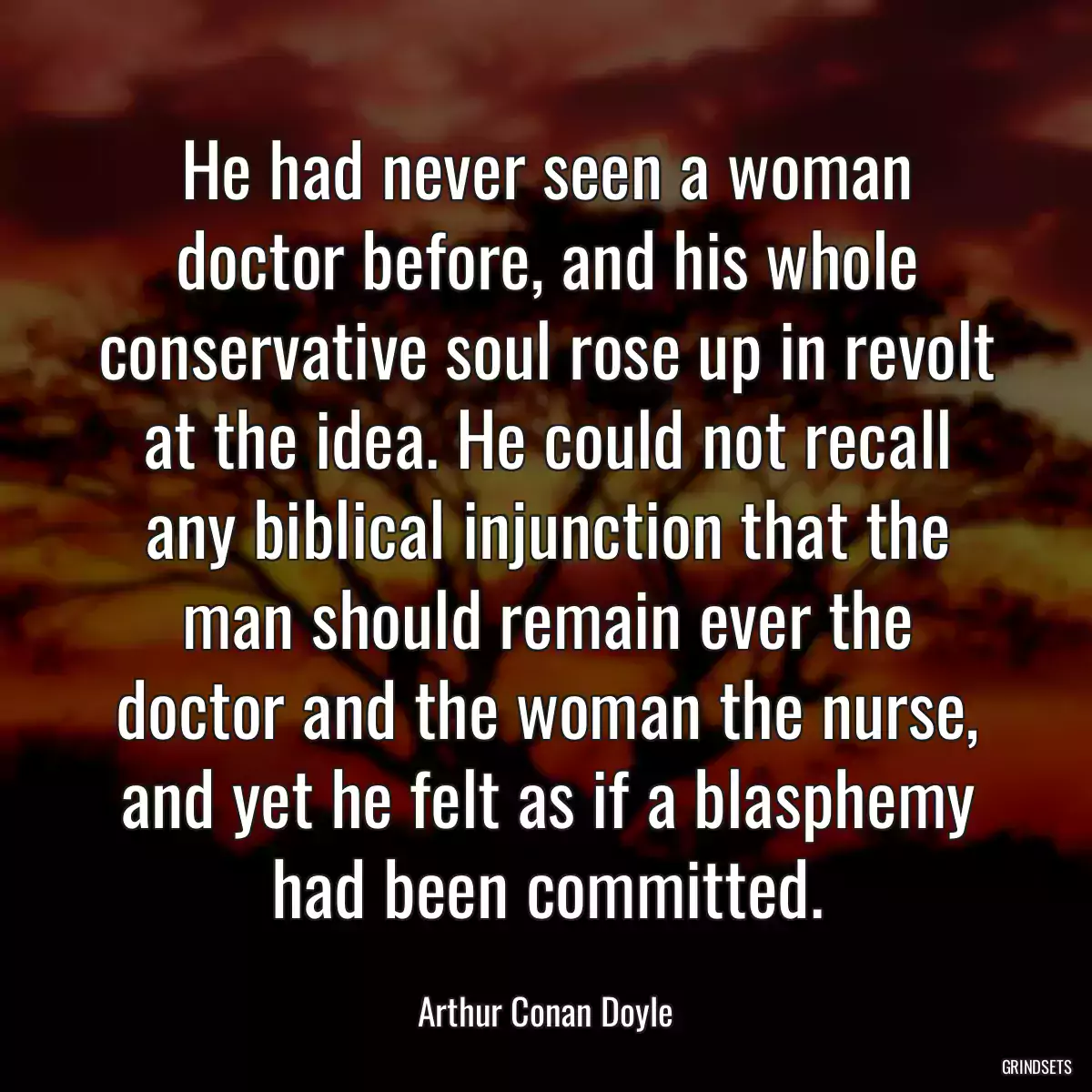 He had never seen a woman doctor before, and his whole conservative soul rose up in revolt at the idea. He could not recall any biblical injunction that the man should remain ever the doctor and the woman the nurse, and yet he felt as if a blasphemy had been committed.