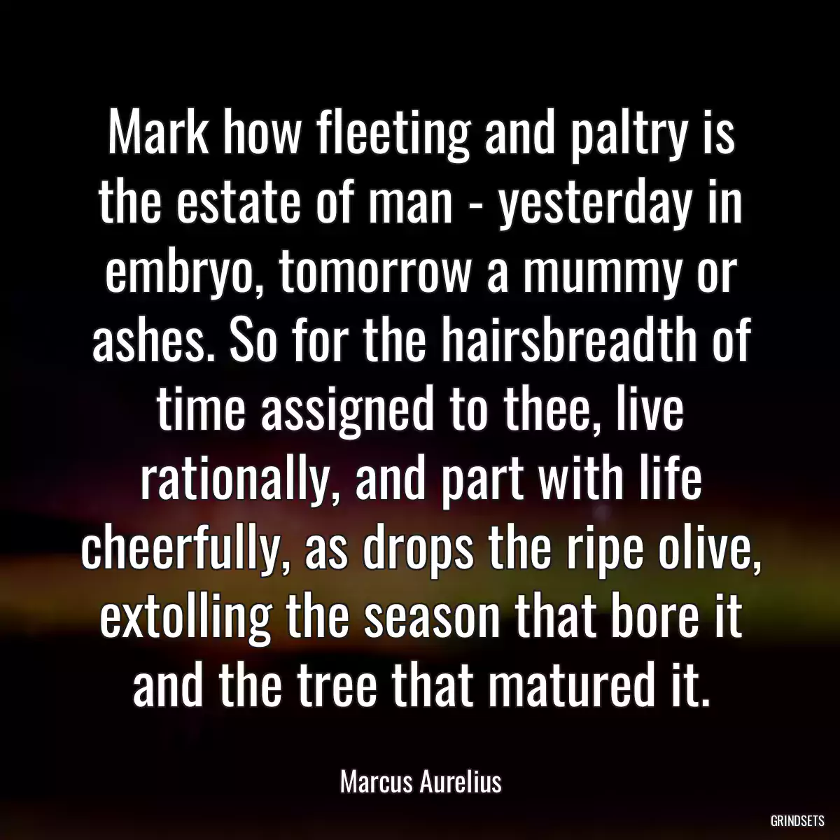 Mark how fleeting and paltry is the estate of man - yesterday in embryo, tomorrow a mummy or ashes. So for the hairsbreadth of time assigned to thee, live rationally, and part with life cheerfully, as drops the ripe olive, extolling the season that bore it and the tree that matured it.