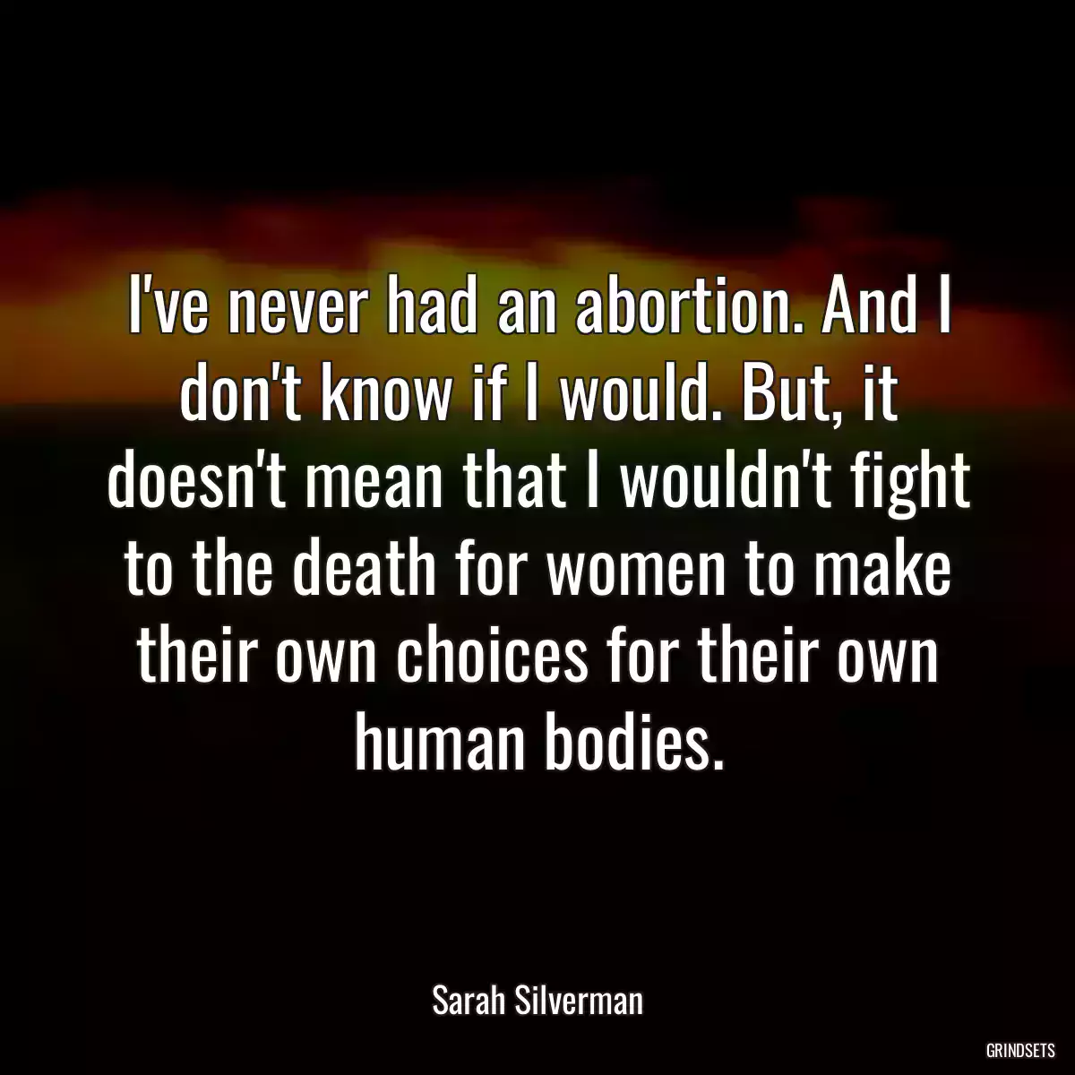 I\'ve never had an abortion. And I don\'t know if I would. But, it doesn\'t mean that I wouldn\'t fight to the death for women to make their own choices for their own human bodies.