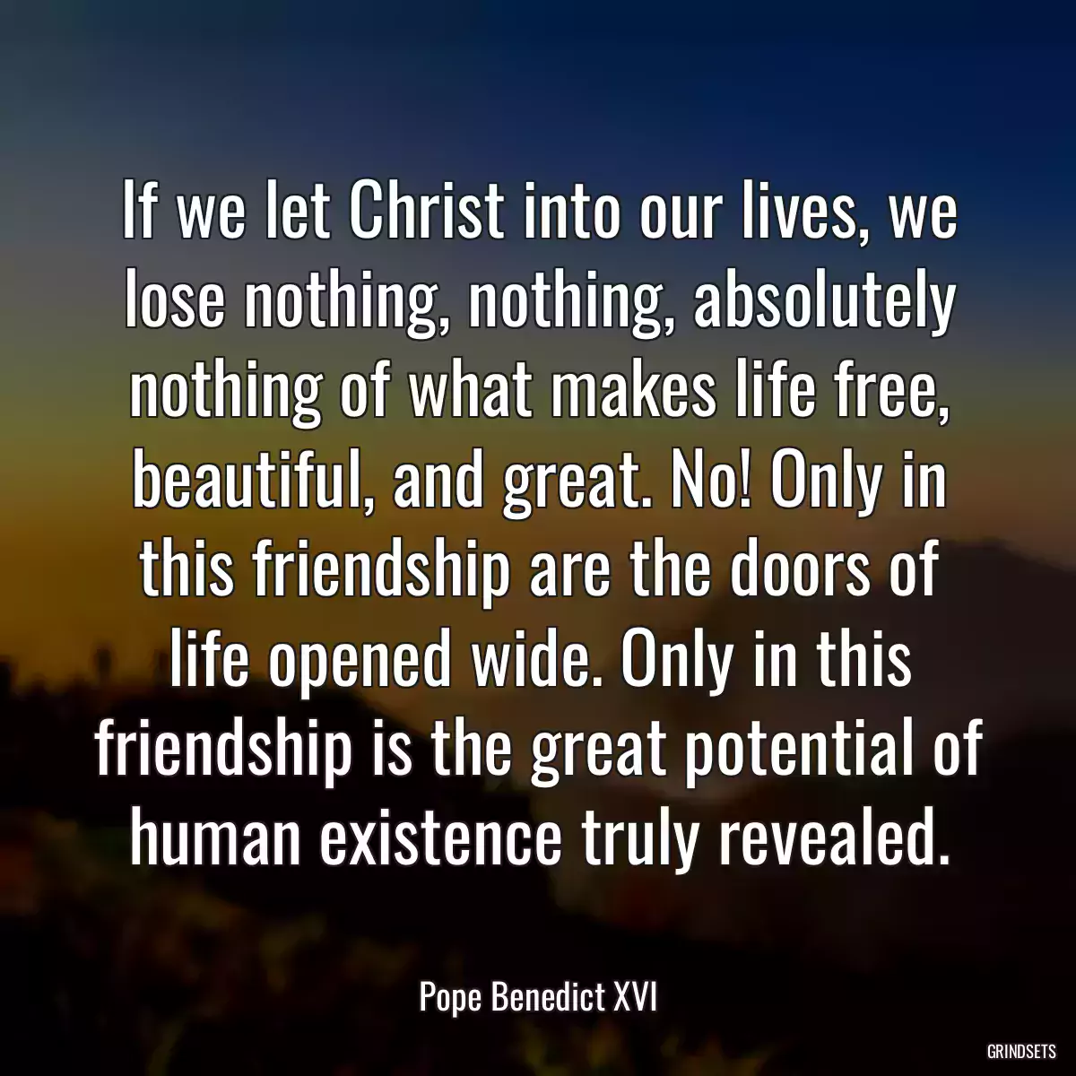 If we let Christ into our lives, we lose nothing, nothing, absolutely nothing of what makes life free, beautiful, and great. No! Only in this friendship are the doors of life opened wide. Only in this friendship is the great potential of human existence truly revealed.