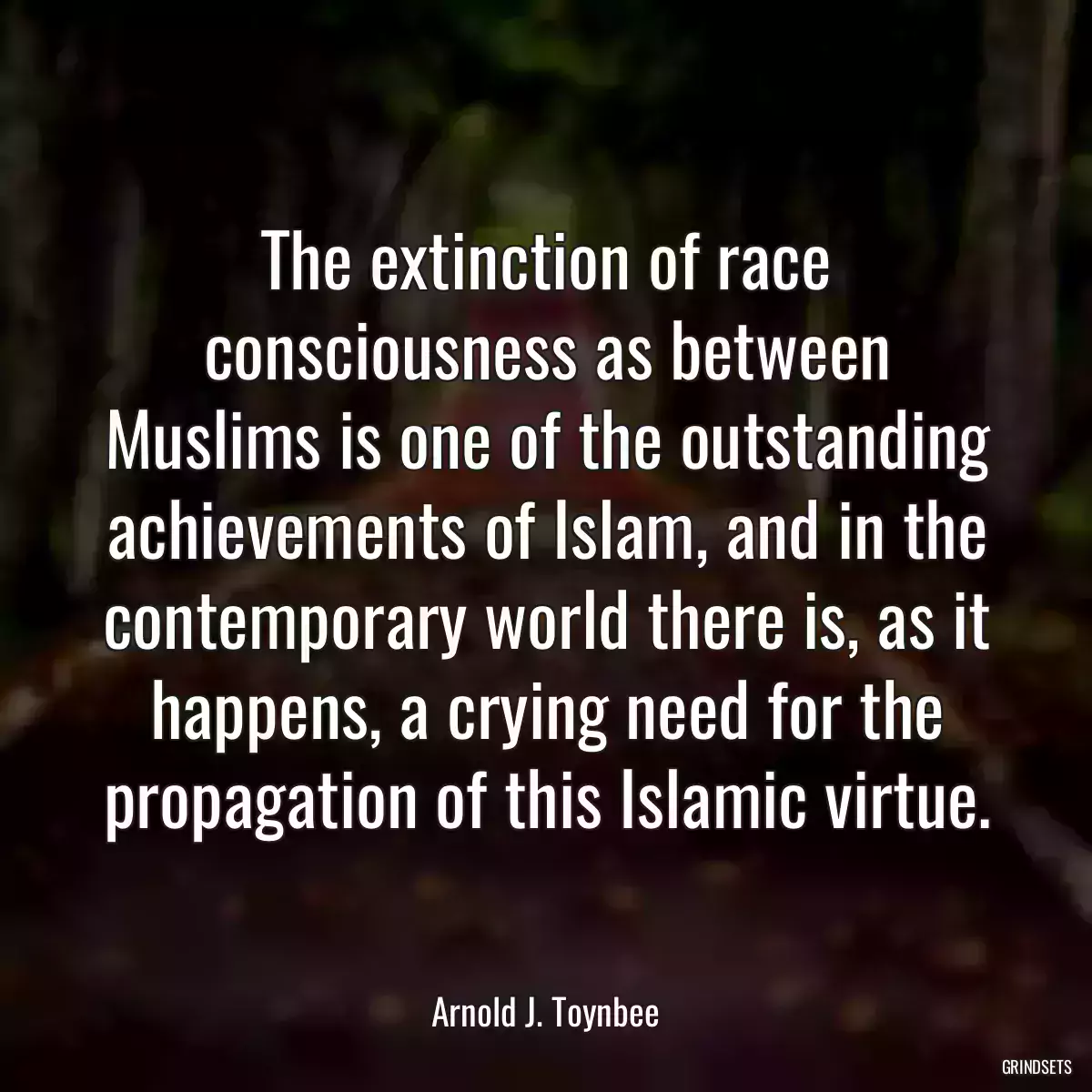 The extinction of race consciousness as between Muslims is one of the outstanding achievements of Islam, and in the contemporary world there is, as it happens, a crying need for the propagation of this Islamic virtue.