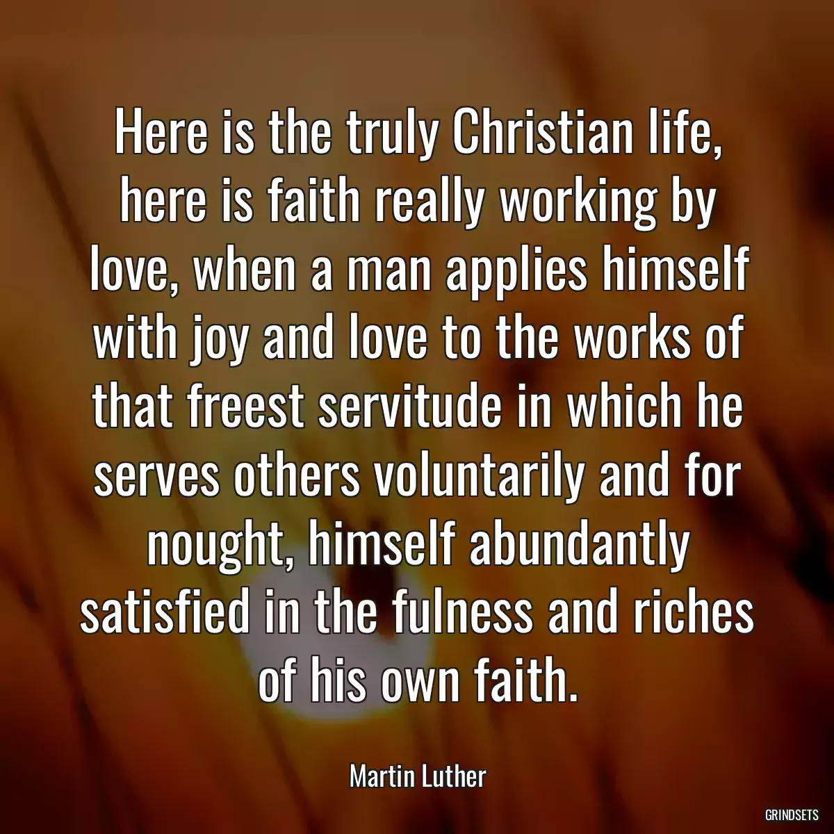 Here is the truly Christian life, here is faith really working by love, when a man applies himself with joy and love to the works of that freest servitude in which he serves others voluntarily and for nought, himself abundantly satisfied in the fulness and riches of his own faith.