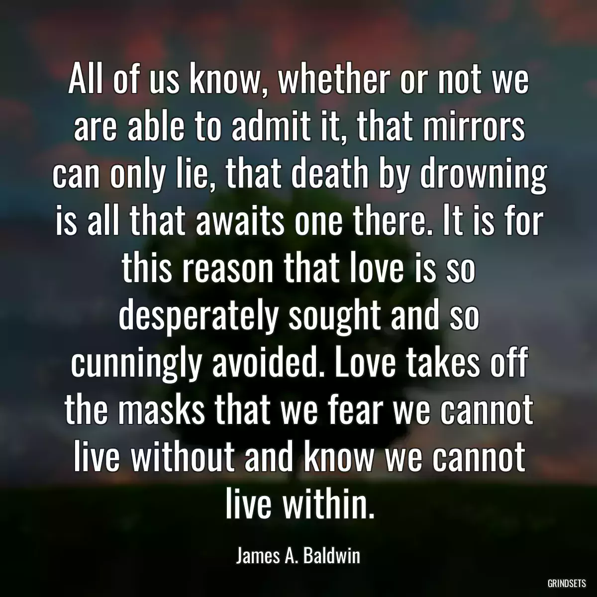 All of us know, whether or not we are able to admit it, that mirrors can only lie, that death by drowning is all that awaits one there. It is for this reason that love is so desperately sought and so cunningly avoided. Love takes off the masks that we fear we cannot live without and know we cannot live within.